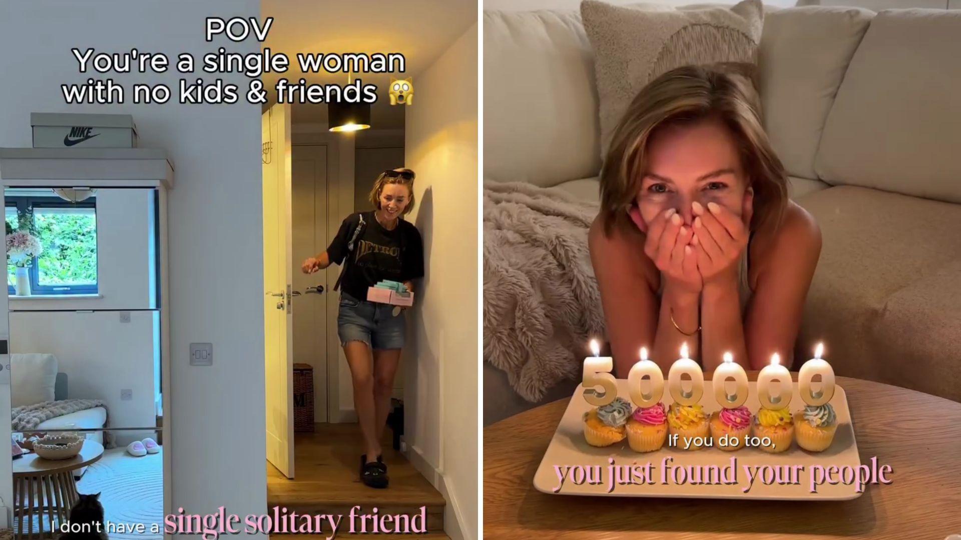 A composite of a woman dressed in a black T-shirt coming home and a woman sitting in front of multicoloured cupcakes on a coffee table.