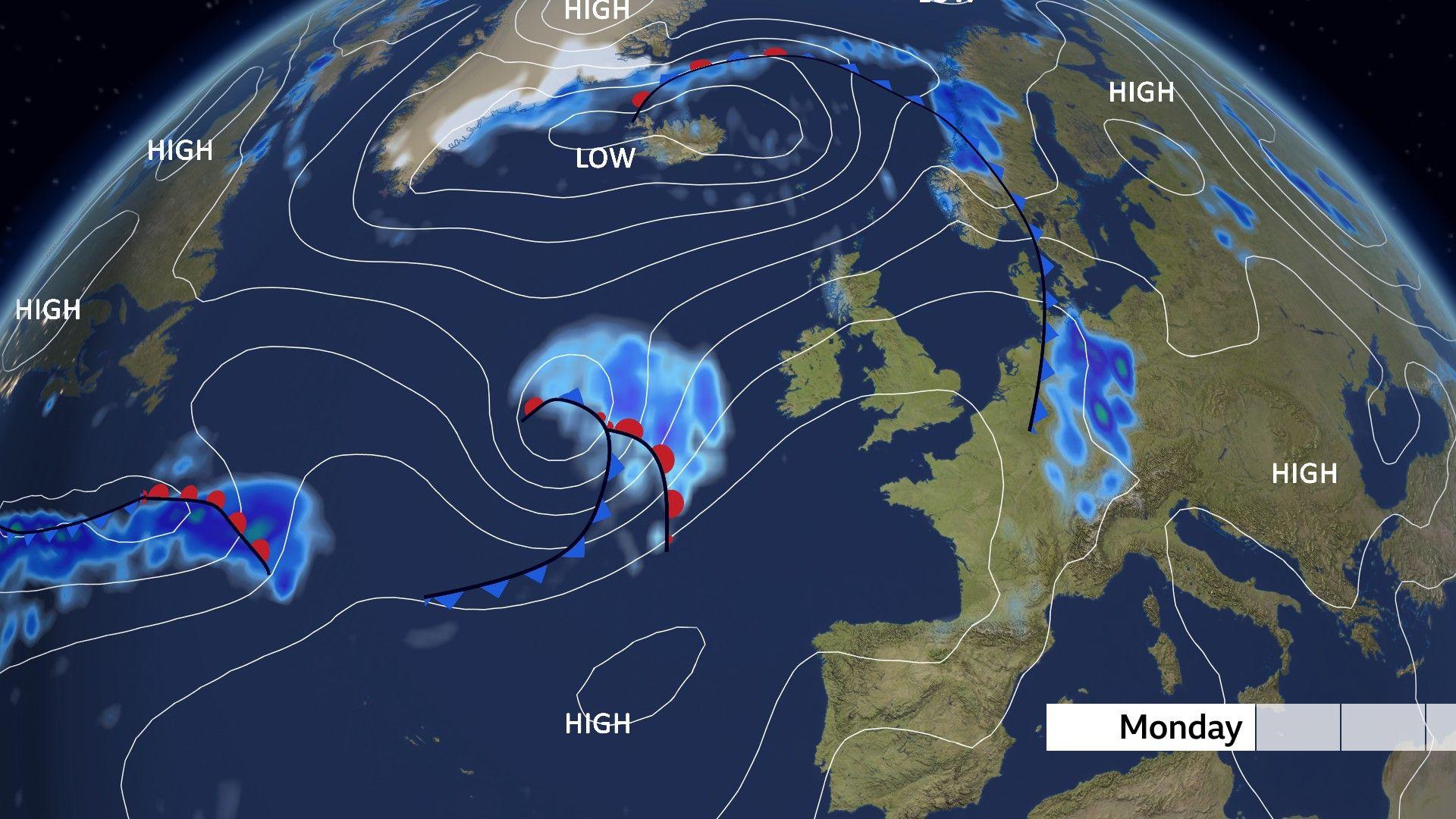 The pressure chart for Monday showing the Azores high building in from the south-west and low pressure systems in the Atlantic