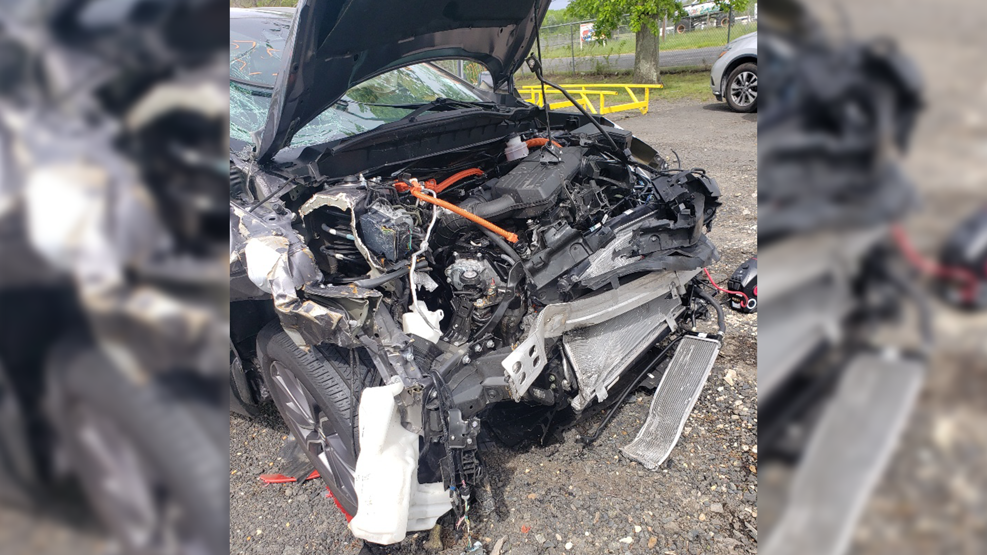 The Uber car after the crash, with the bonnet destroyed and the engine extensively damaged