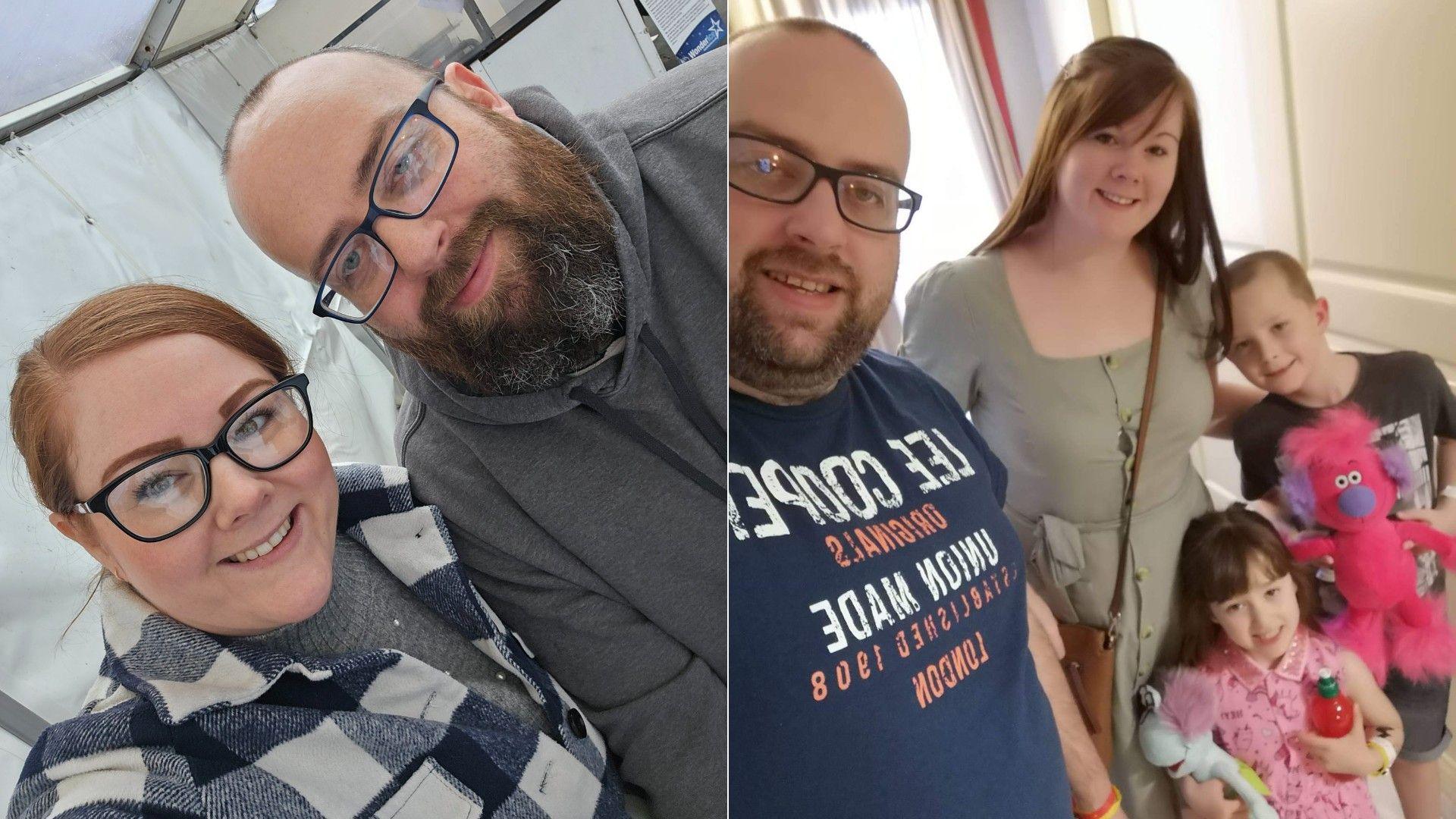 Image on left shows a woman with brown hair wearing dark glasses next to a man with a beard who is also wearing glasses. Im age on left shows man with dark glasses, a blue t-shirt and standing with a brown haired woman and two small children