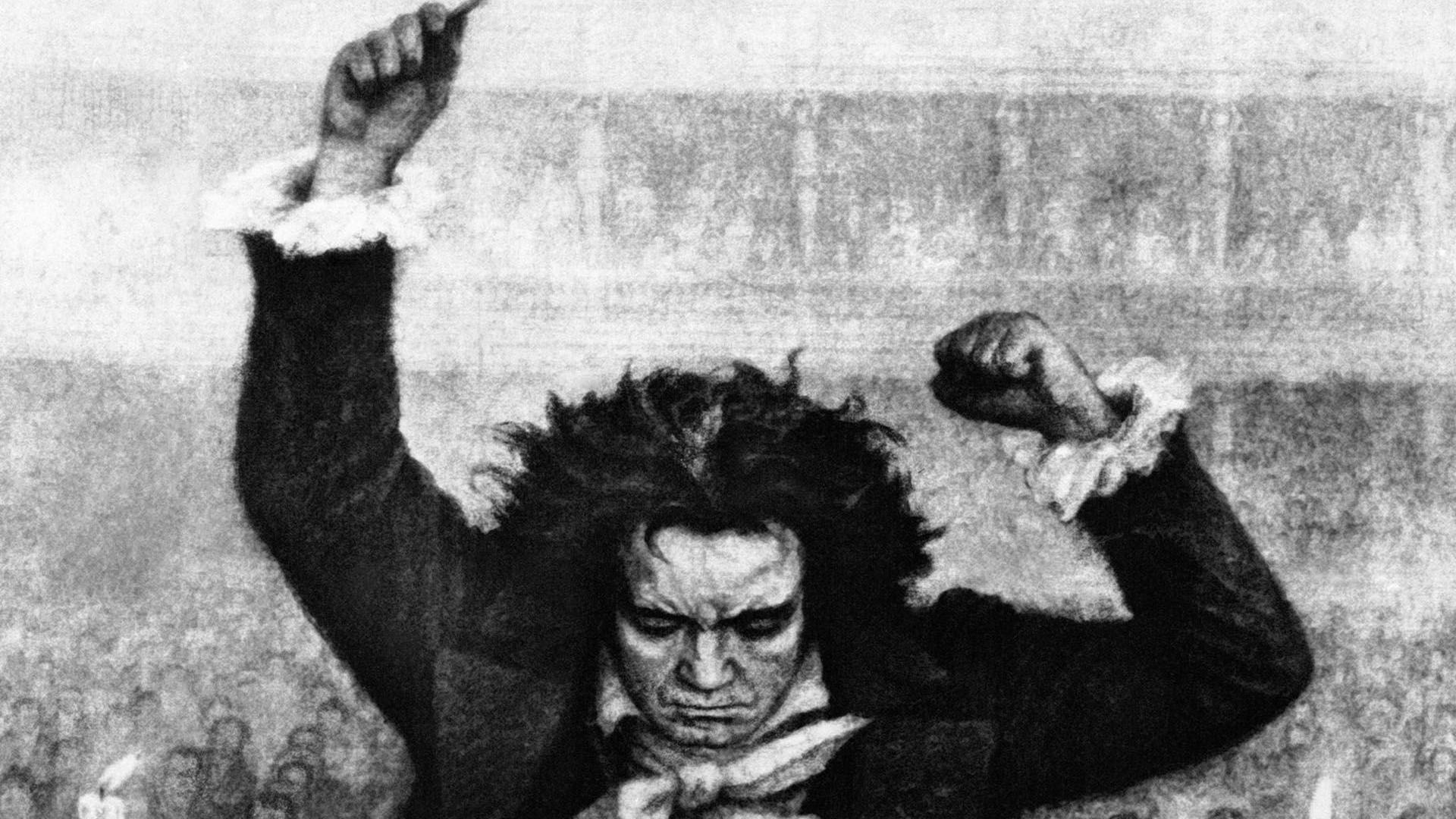 A black and white sketch of Ludwig van Beethoven conducting an orchestra.