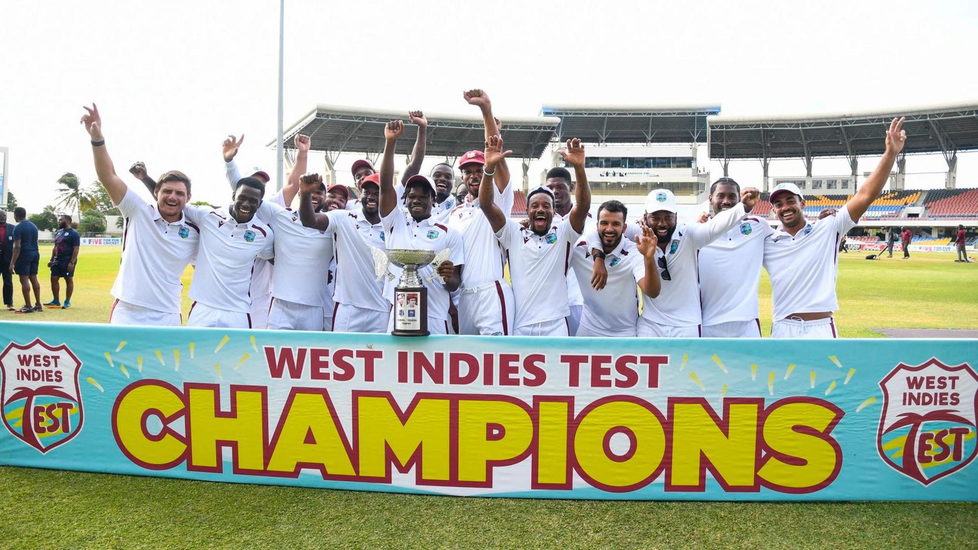 West Indies celebrate with the Test series trophy