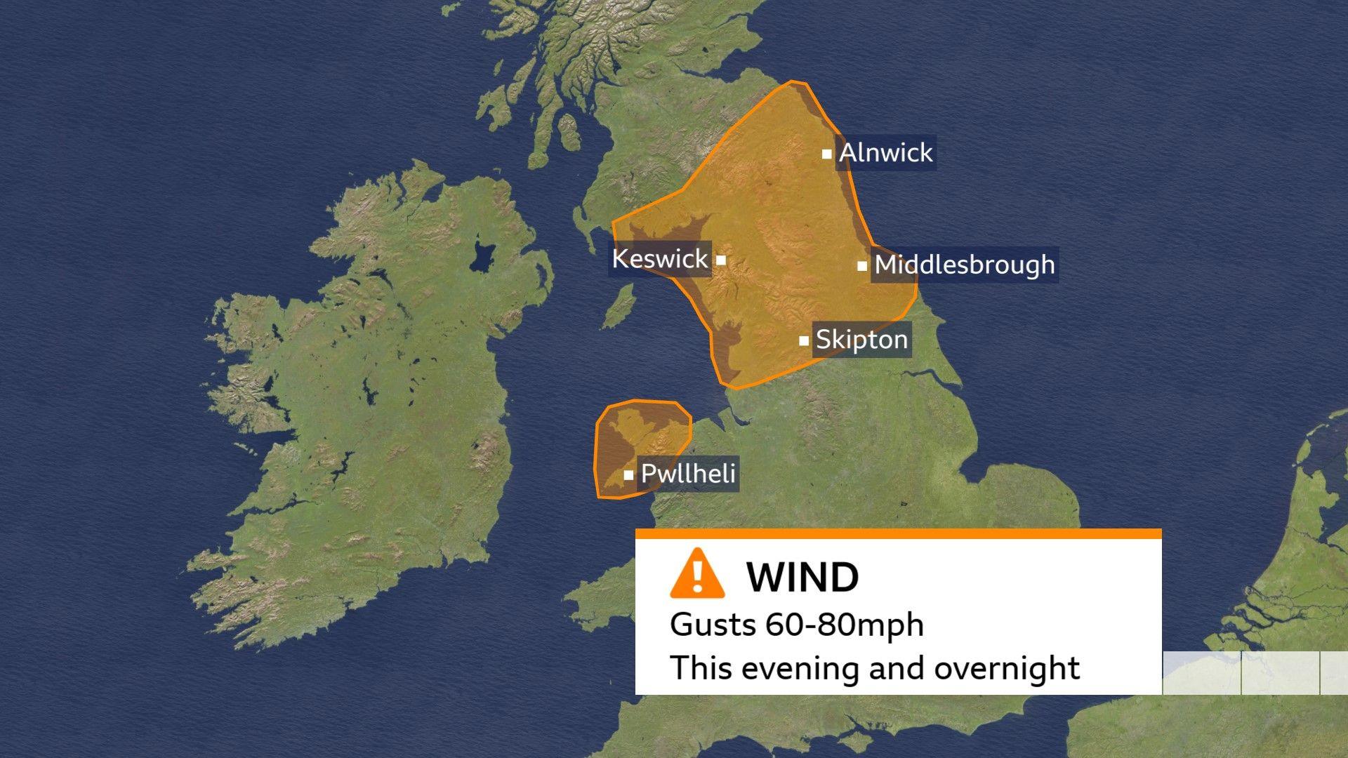 Map showing the area covered by the amber warning showing towns and strength of wind