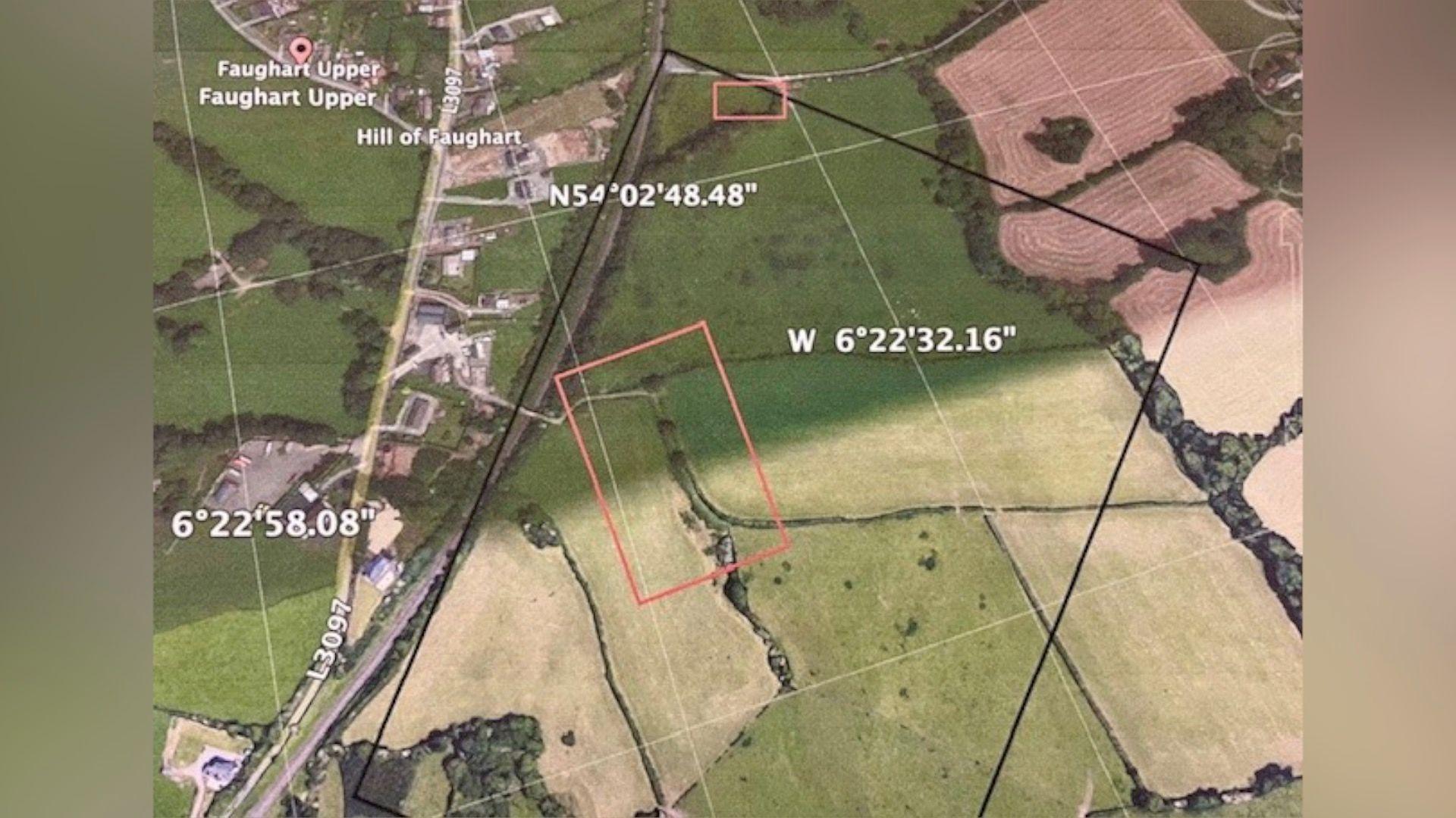 A map showing areas where the search took place highlighted in red and the disused railway line is the grey line to left of boxes 