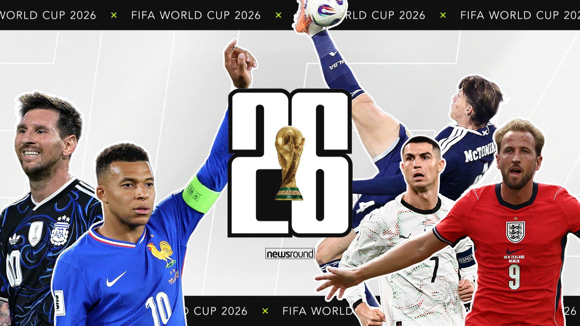 World Cup players Messi, Neymar, Ronaldo, McTominay, Kane, with text reading 26 and the World Cup trophy in the middle