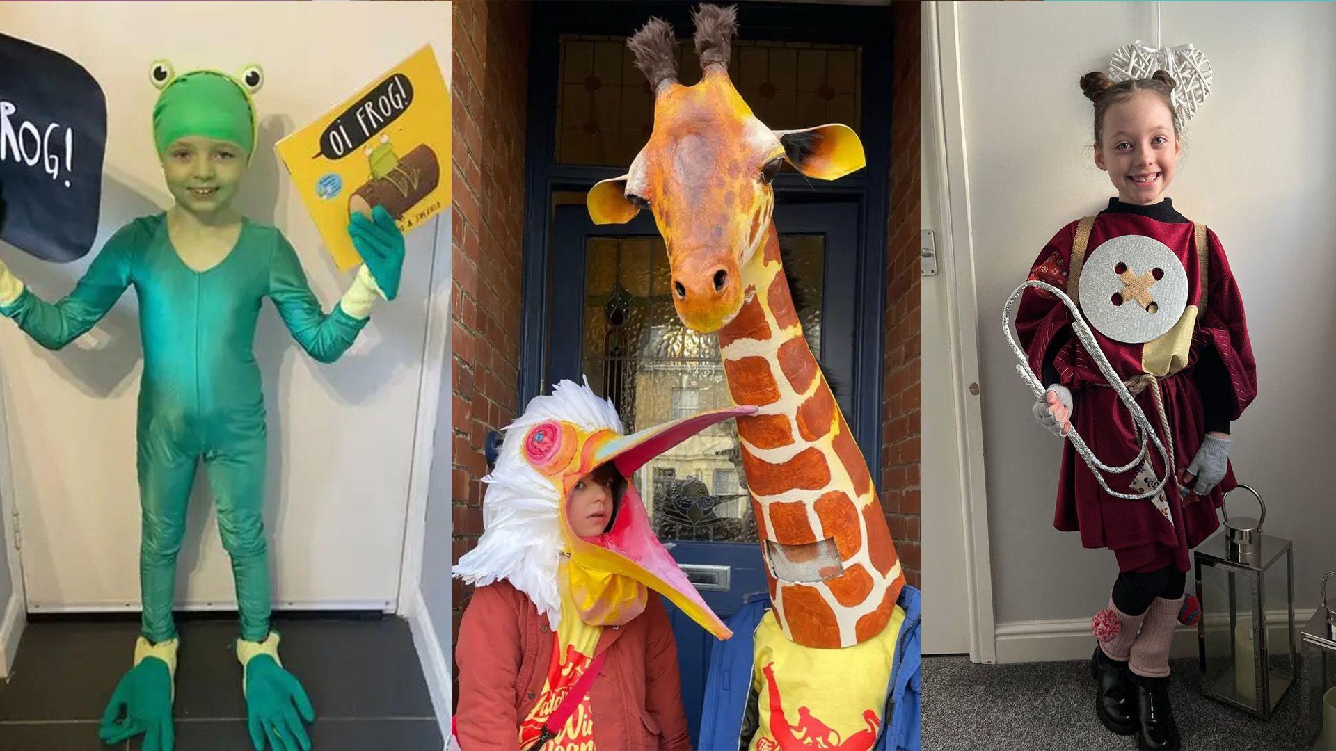Three pictures of four children dressed up for World Book Day. (L-R) A child dressed as Oi Frog in a green leotard, green swimming cap and green rubber gloves on their hands and feet, two children dressed as a pelican and a giraffe and a girl dressed as a borrower. 