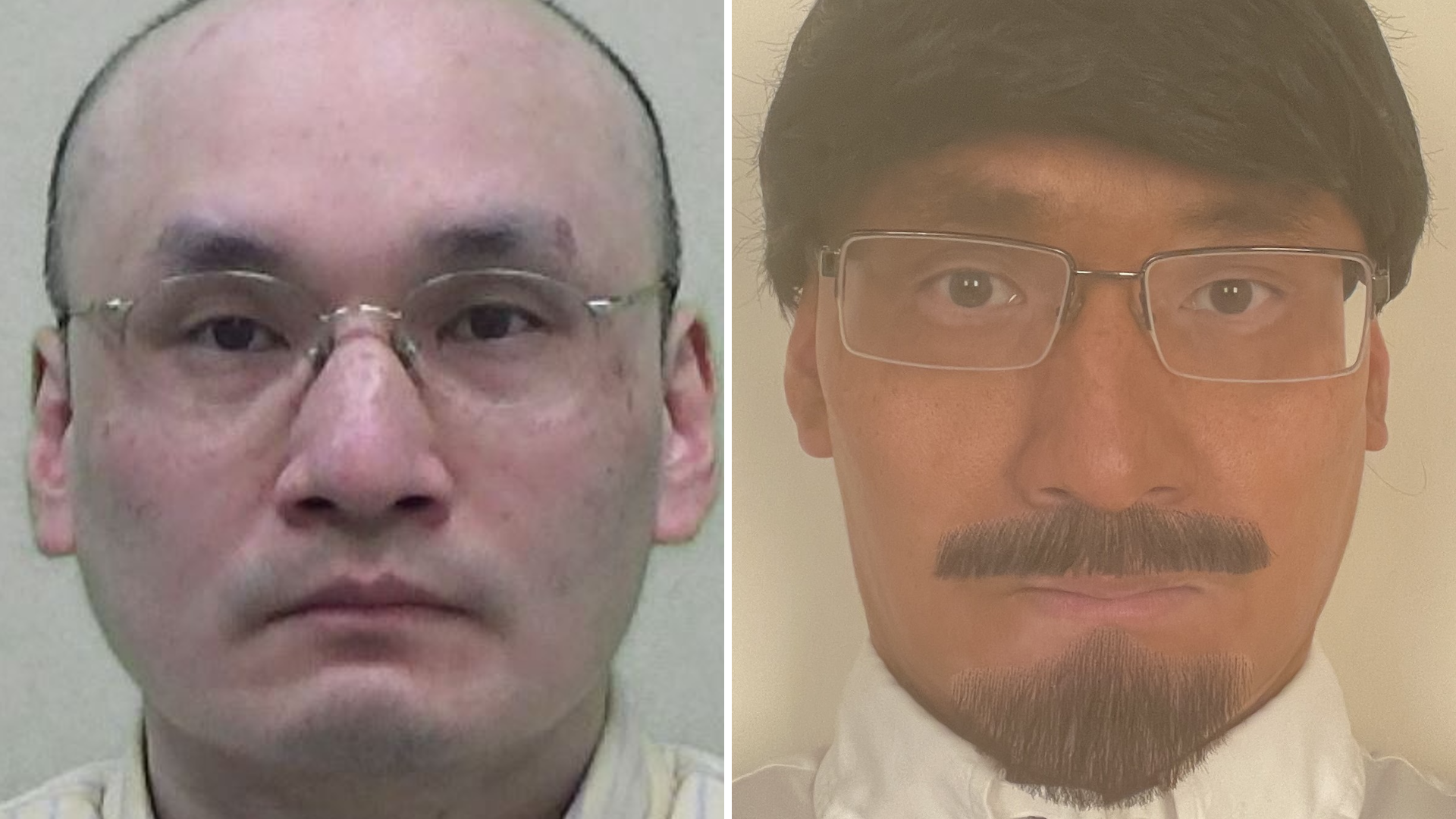 Two images side by side. On the left is the mugshot of Kwan, who is bald and clean shaven with thin framed glasses. On the right is Kwan in disguise, his skin is much more tanned and he had a fake black moustache and goatee beard, thicker-framed glasses and a black wig