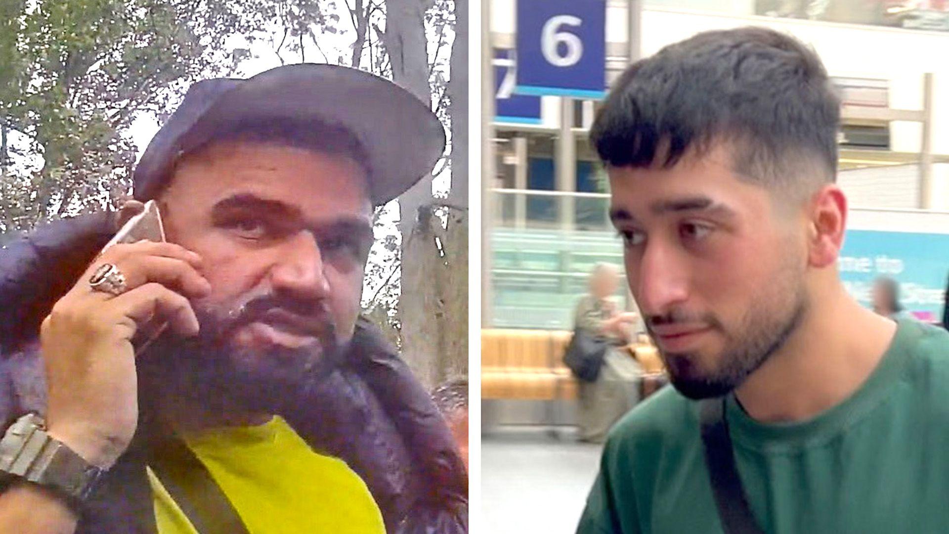 A composite image of two men involved in the people-smuggling gang. On the left is a colourful picture of Abdullah in France, holding a phone to his ear and wearing a body warmer and baseball cap. On the right is a young man wearing a green sweatshirt, filmed on a UK train station concourse. 