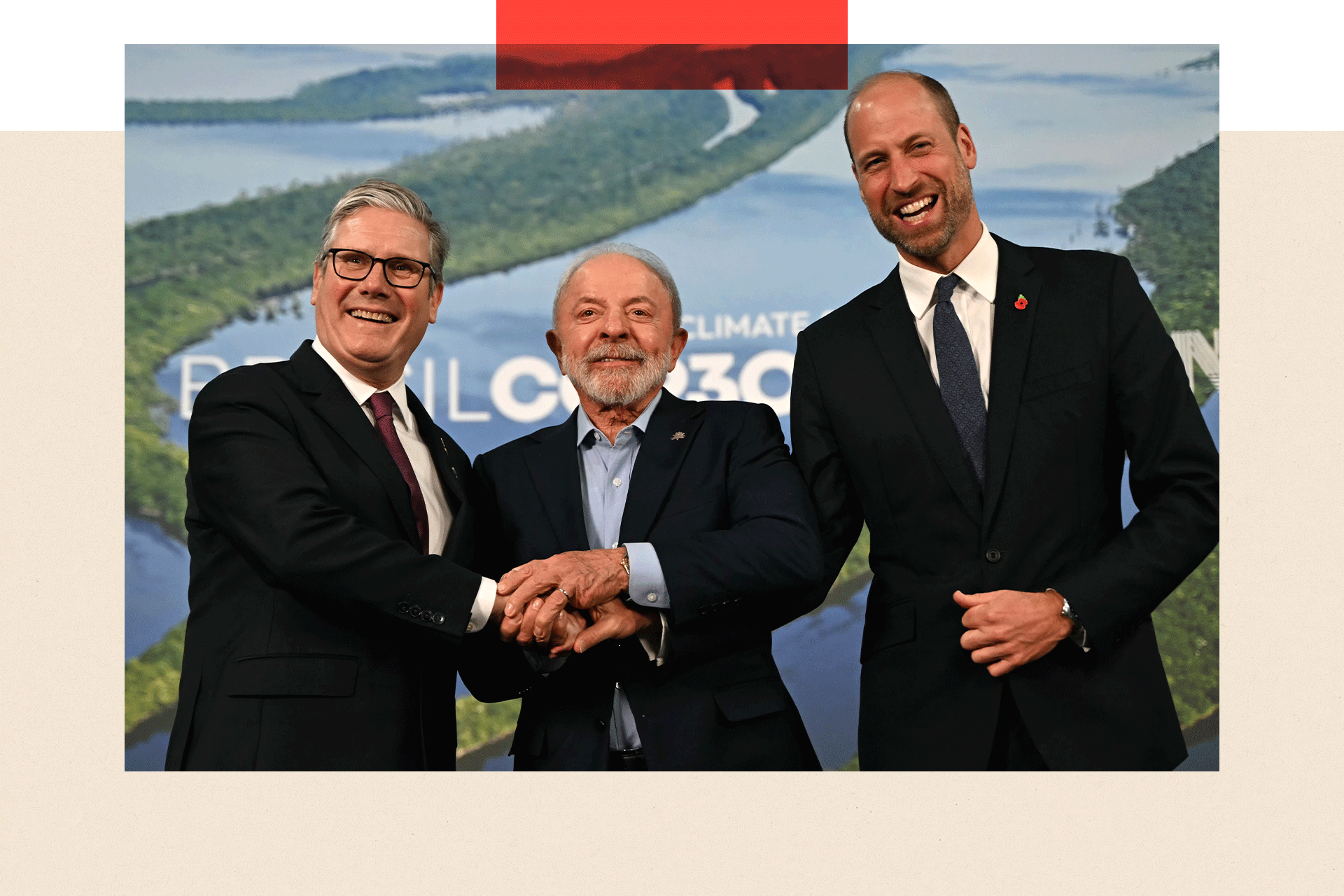 Prince William and Britain's Prime Minister Keir Starmer shake hands with Brazil's President Luiz Inacio Lula da Silva, during the COP30 UN climate conferenc