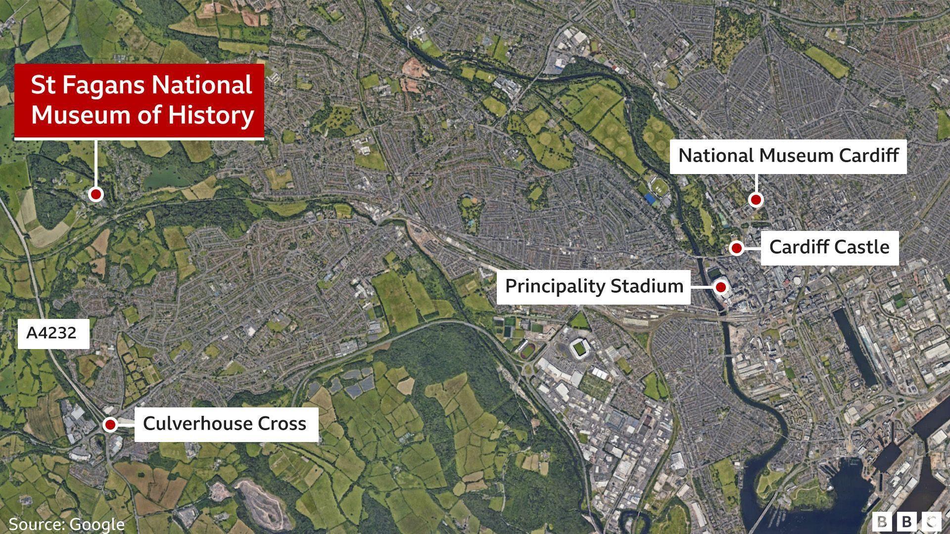 Google map image in a satellite view of Cardiff showing the major site, including Cardiff Castle, Principality stadium and St Fagans national museum of history