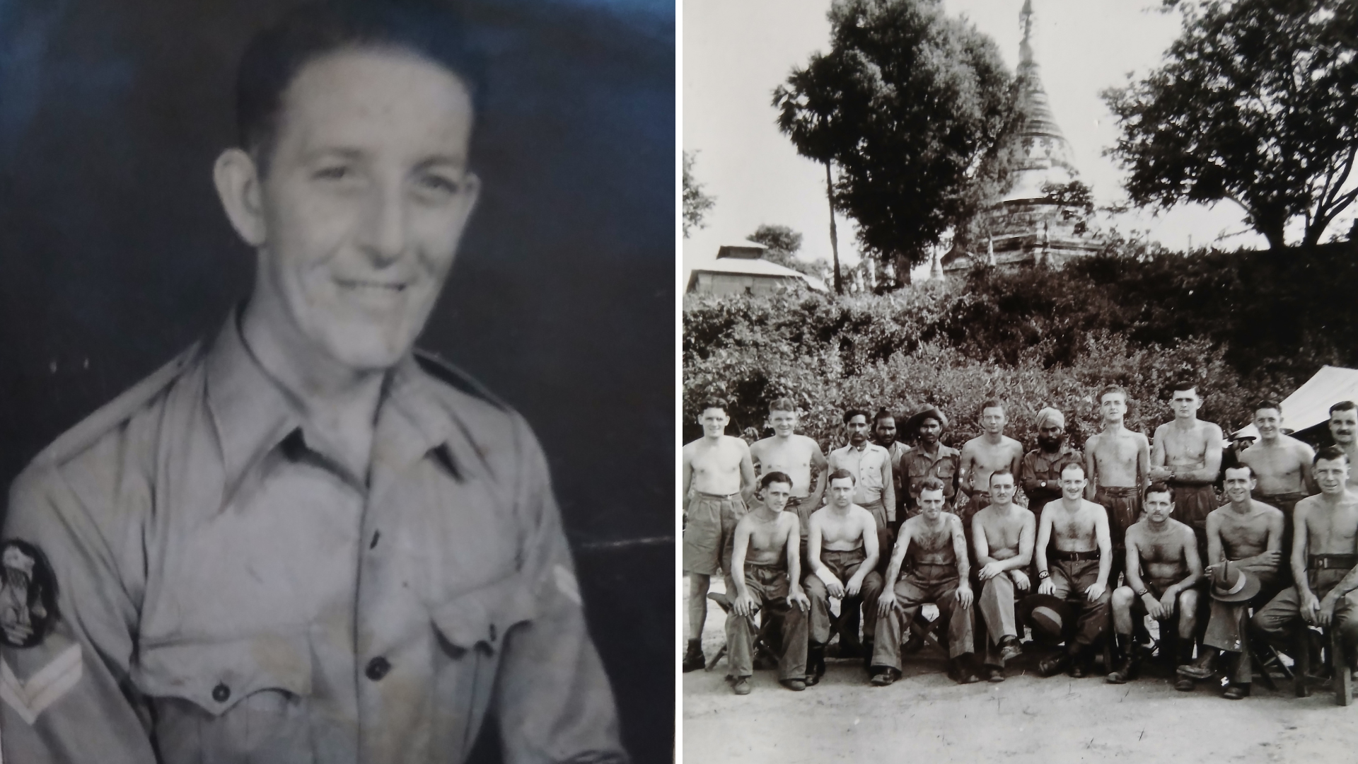 A blurry black and white picture of a man in army uniform, and then a slightly clearer group picture of more than a dozen solider, most shirtless