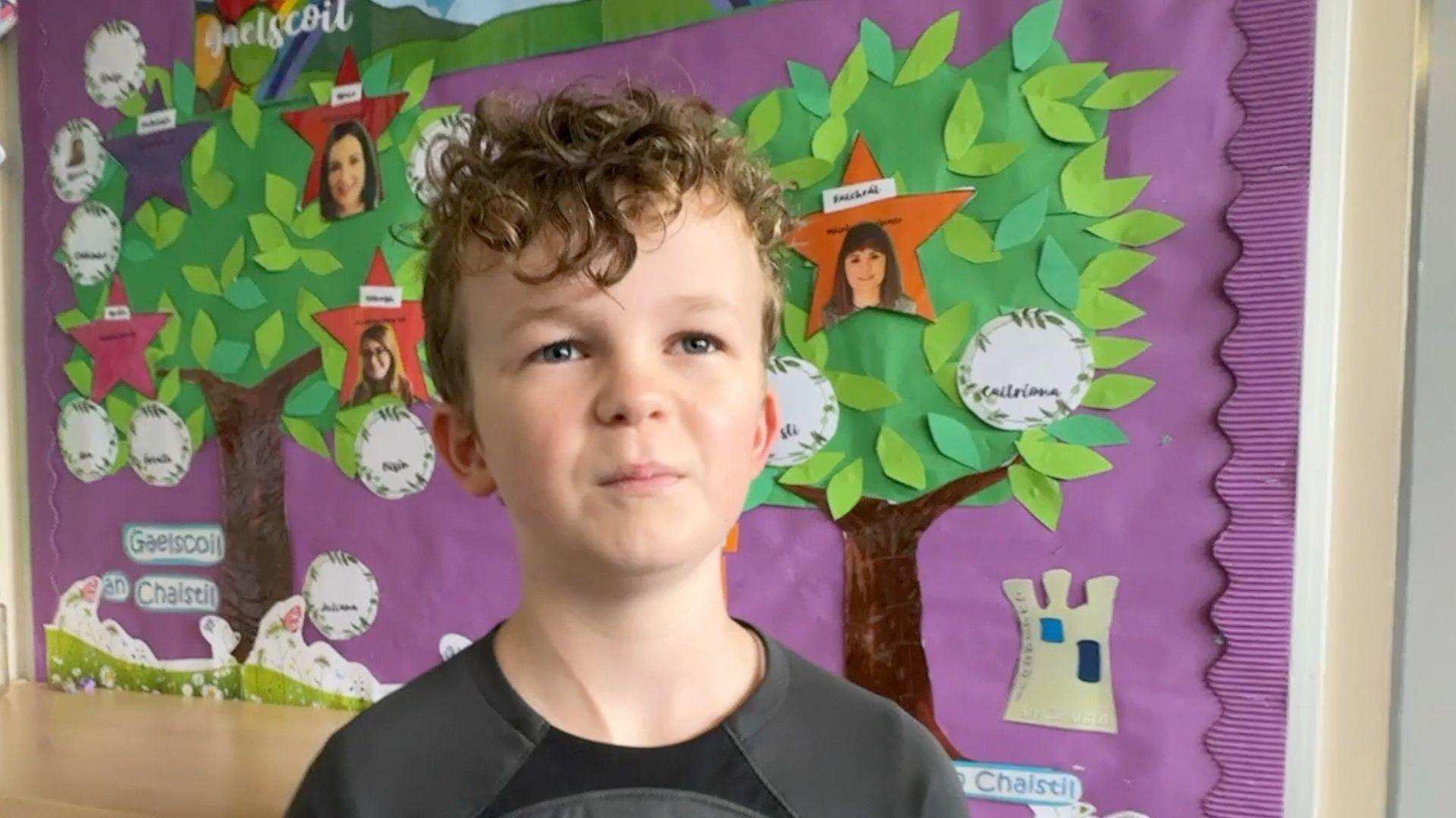 Aodhán - a young boy - wears a grey top and stands in front of a drawing of two trees