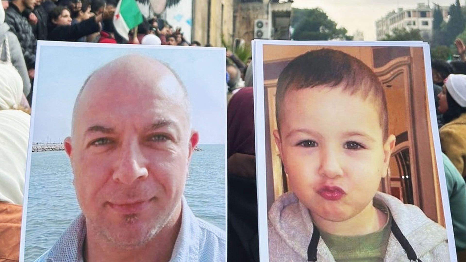 Posters showing Osama, with short or shaved hair and light eyes photographed against an ocean backdrop and Karim aged two, with brown hair and eyes and wearing a grey hoodie