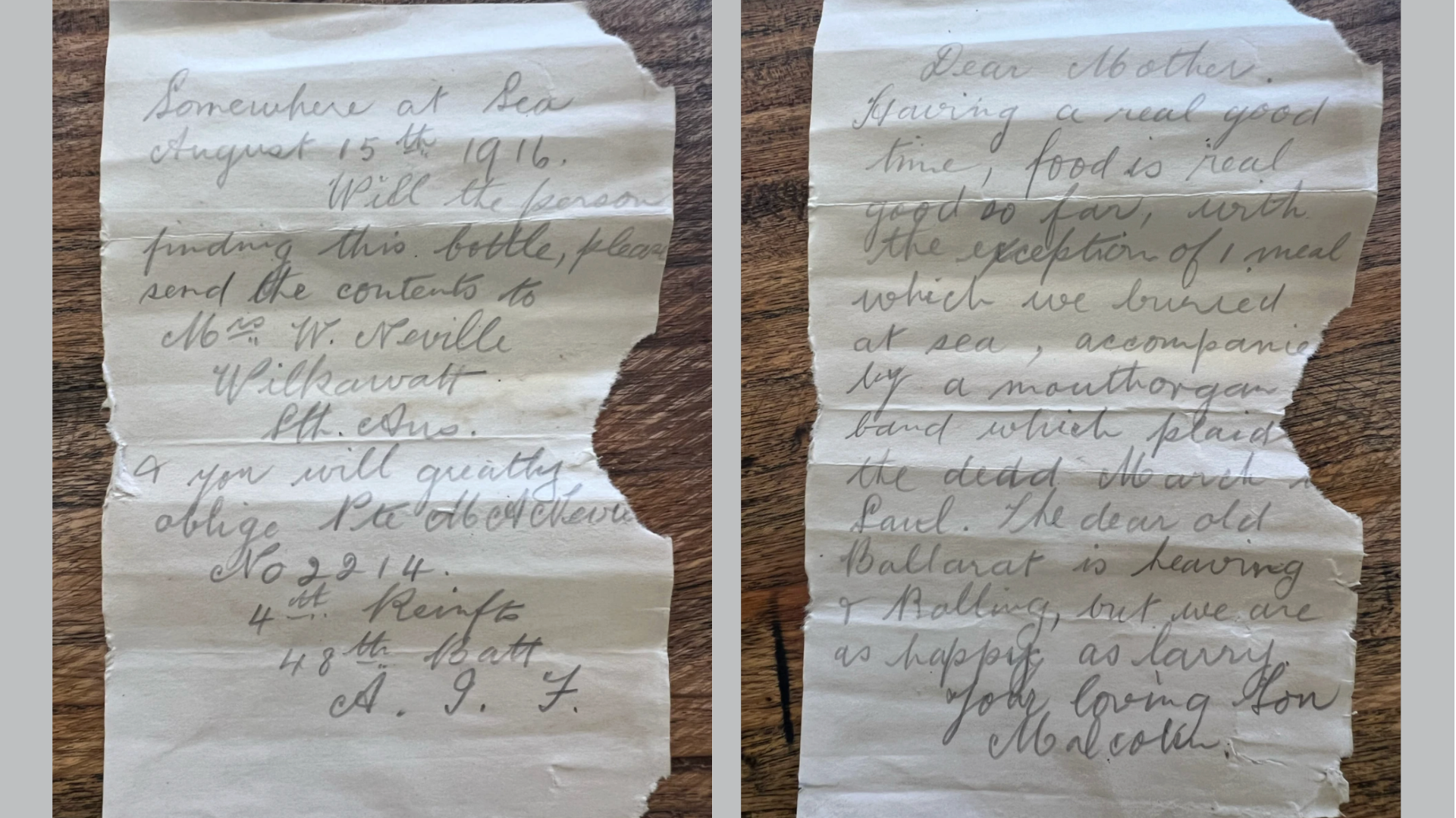 The front and back of the letter written by Private Malcolm Neville, asking the finder of the bottle to deliver the message to his mother.