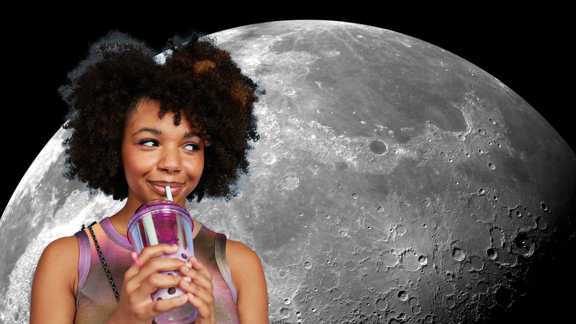 A combined image of a young person drinking water in front of an image of the Moon