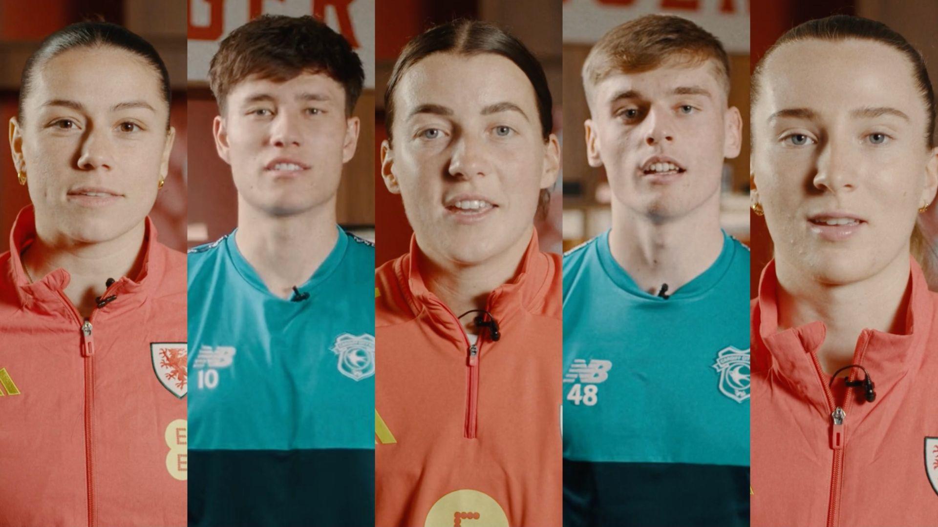 Ffion Morgan, Rubin Colwill, Angharad James-Turner, Dylan Lawlor a Carrie Jones - yn fideo hyrwyddo neges heddwch yr Urdd eleni