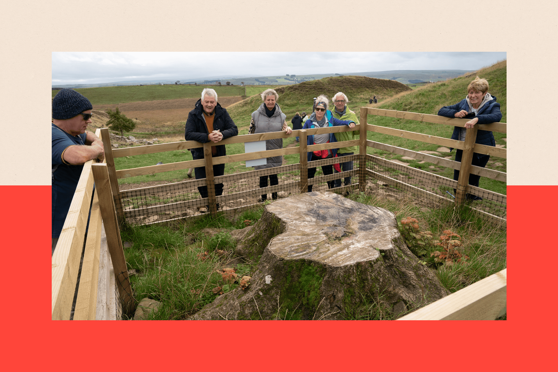People gather around the stump of the Sycamore Gap tree in Northumberland National Park