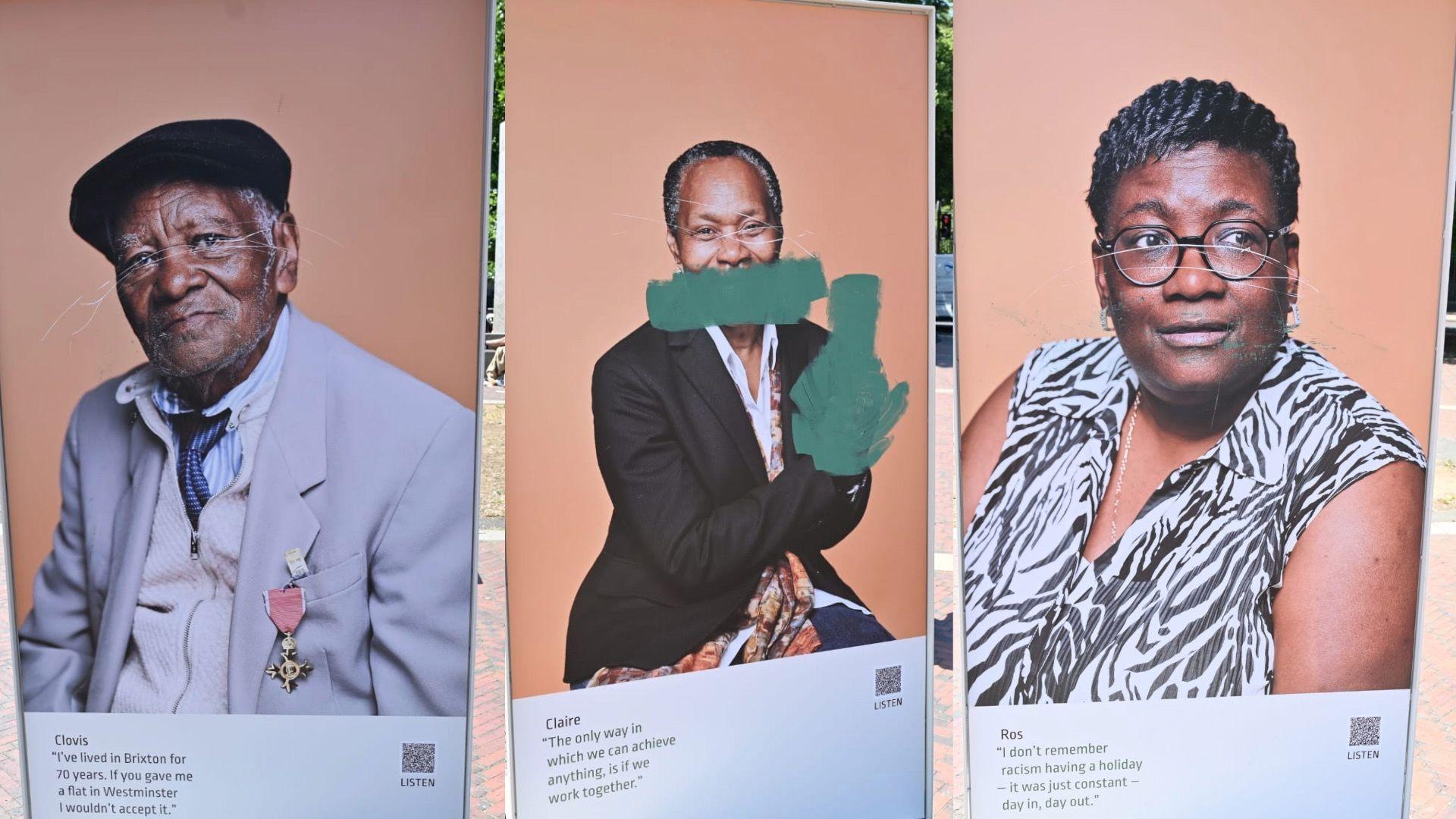 A composite image of three posters making up part of the exhibition. The three people in the photo are black and each have their faces scratched out. The person in the middle also has green paint across their mouth and hands. 
