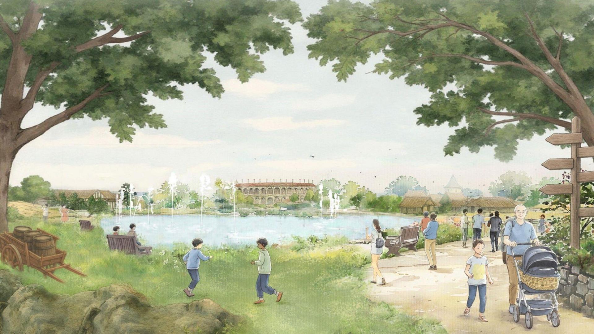 A painting of visitors walking and playing around a lake by the park. There is a medieval wooden cart filled with barrels in the grass, and a colliseum-type structure in the distance.