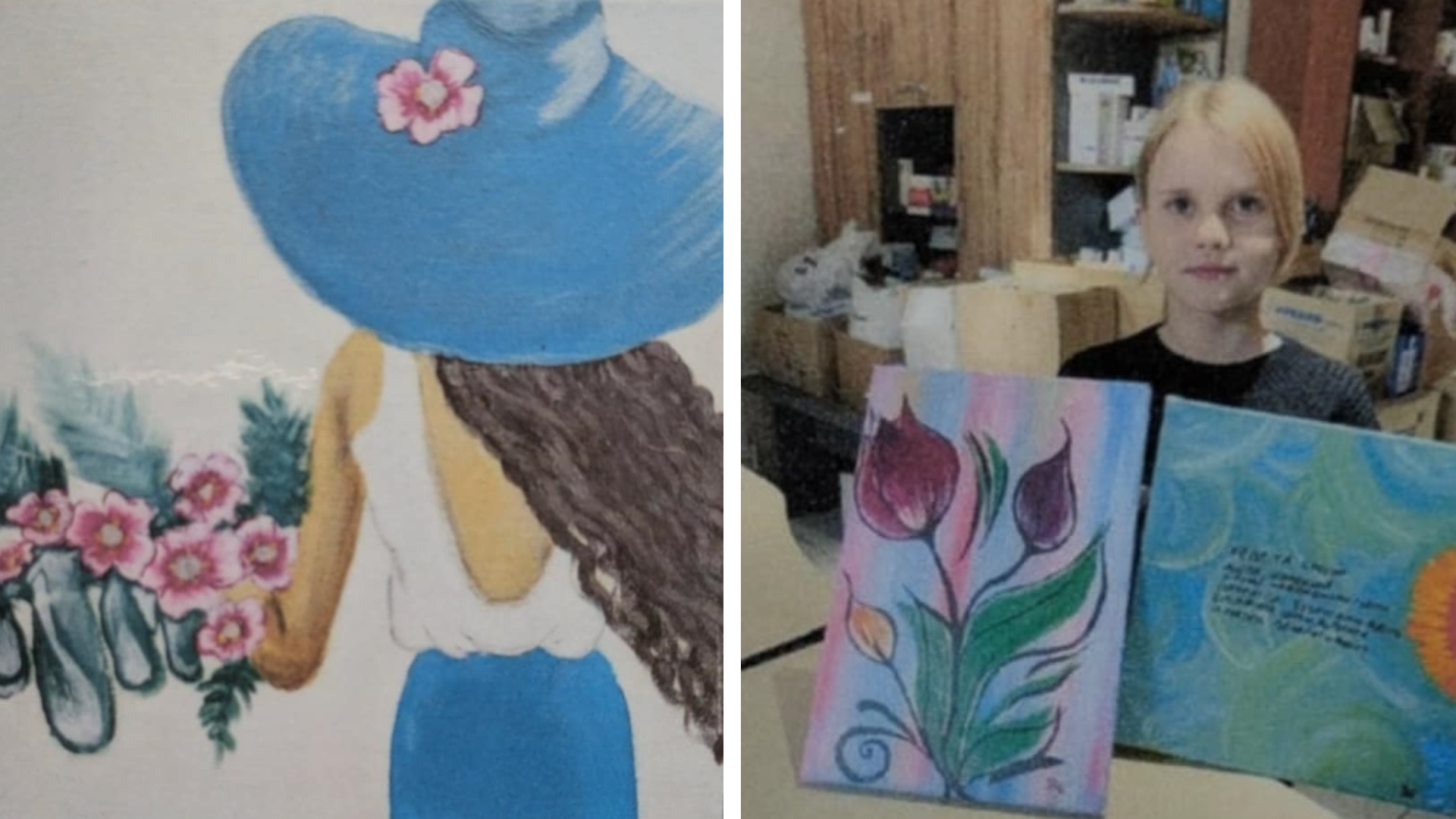 On the left a drawing of a woman from behind in a blue hat with long brown hair holding flowers. On the right a blonde girl holds her paintings of flowers.