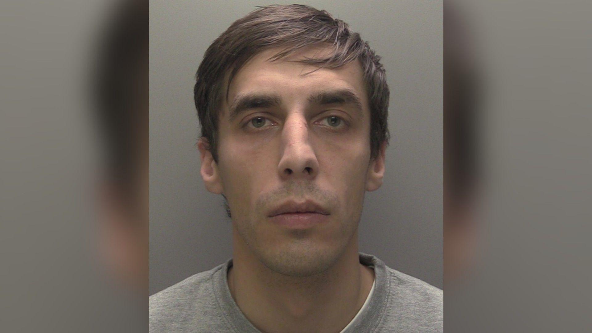 A police custody image of Mark Vaskouski who has been found guilty of murdering Anthony Ibbitson at his home in Hull. Vaskouski is staring into the camera and is wearing a grey top. He has dark coloured eyes and long brown hair.