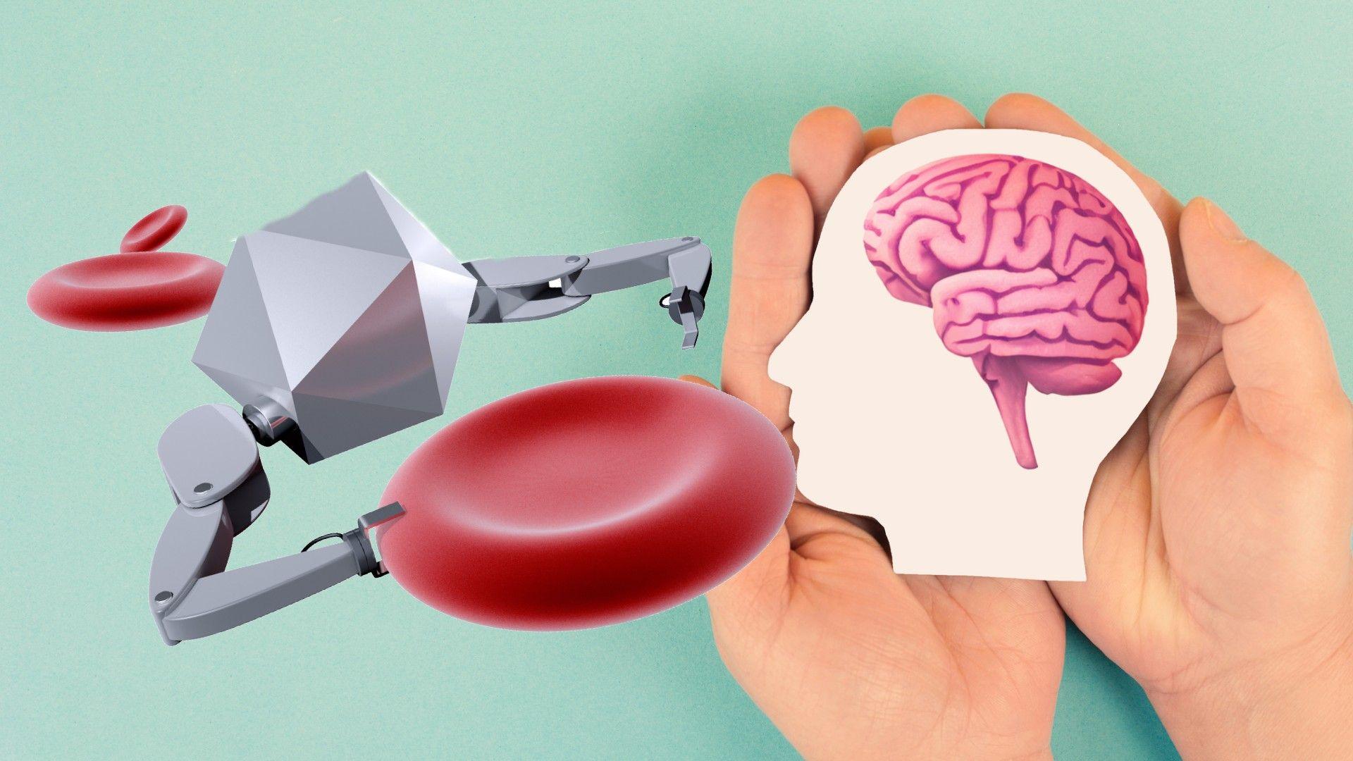 nanobot robot with red blood cells and pair of hands holding a paper cut out of a head with a brain. 