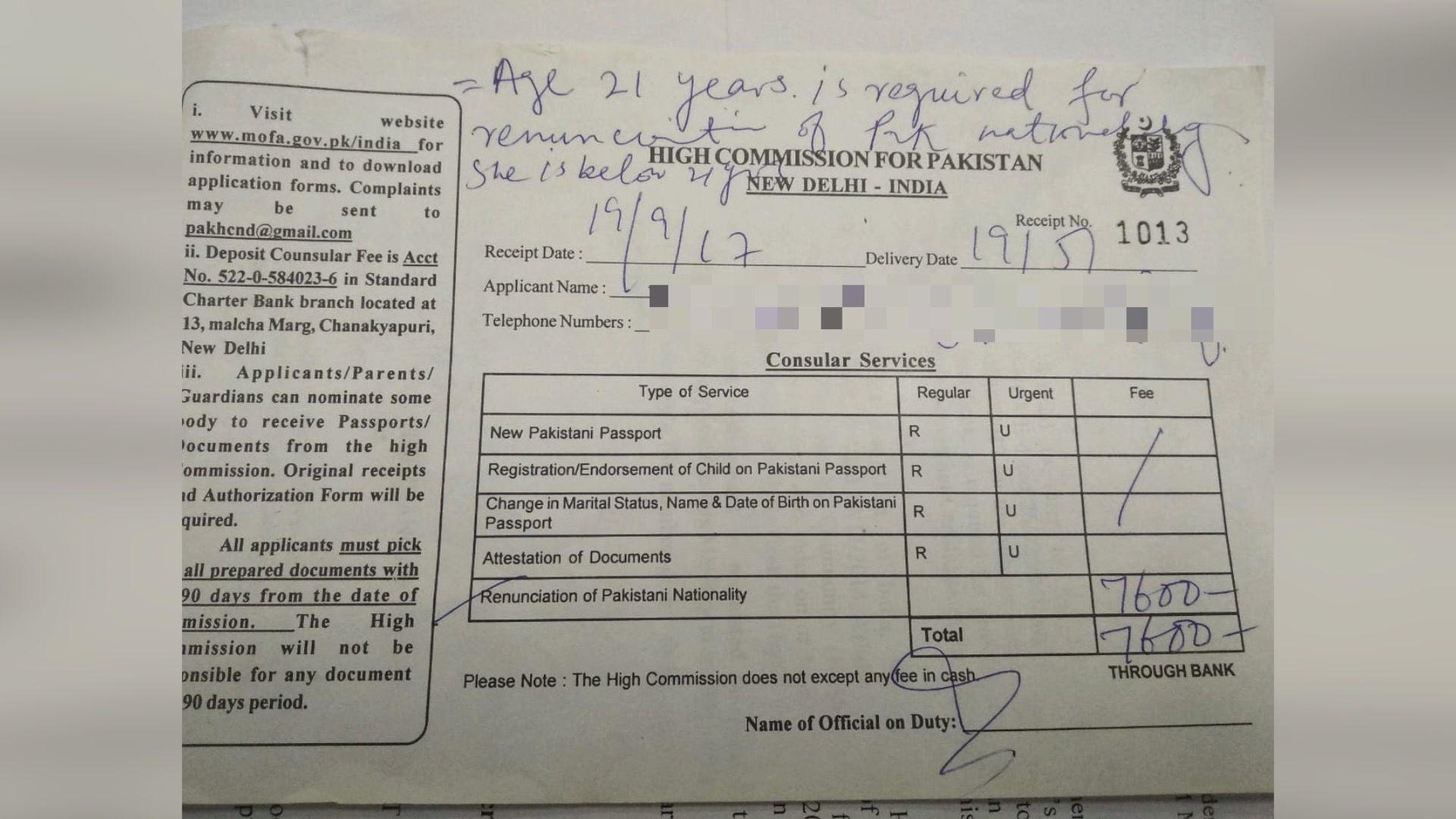 Sisters say they surrendered their passports to the Pakistan High Commission but didn't provide the renunciation certificates. It shows a document from Pakistan High Commission, with notes scribbled on it.