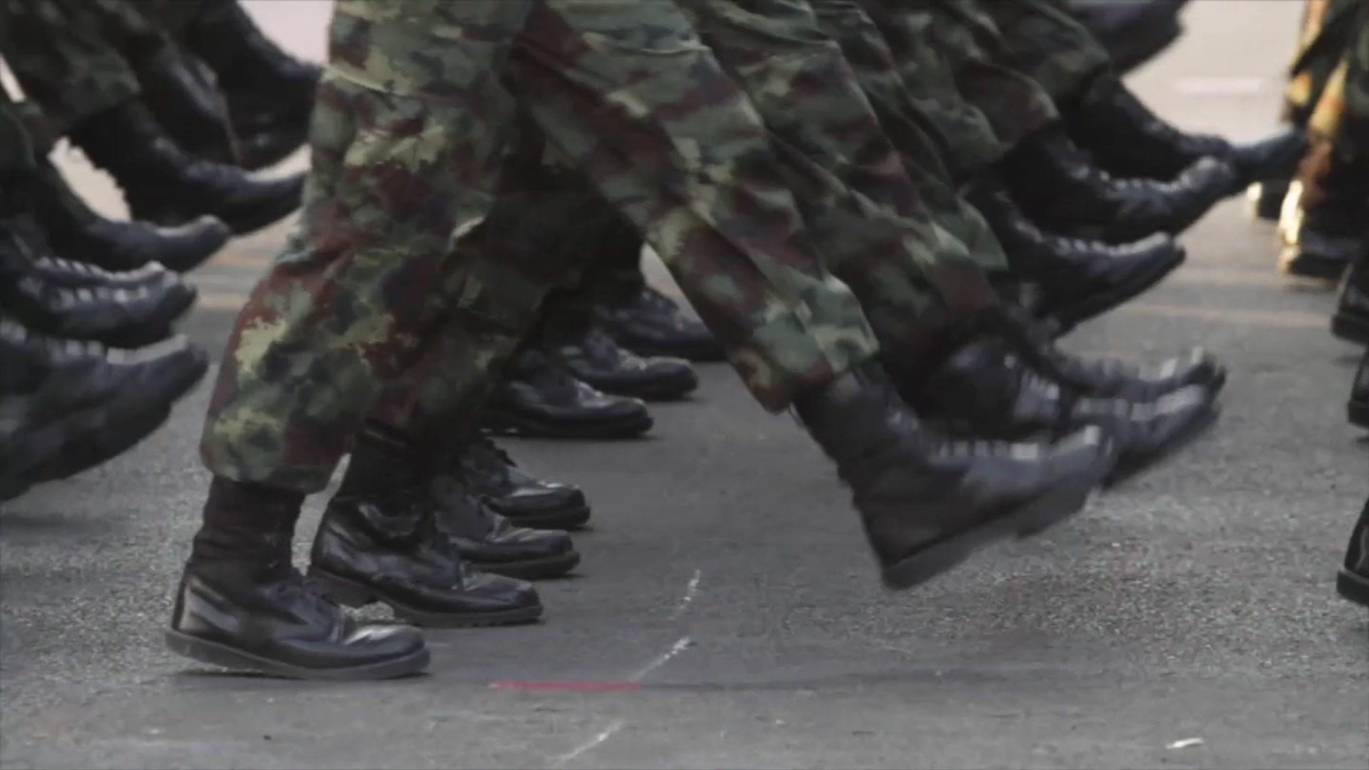 Close up of Thai soldiers' feet marching