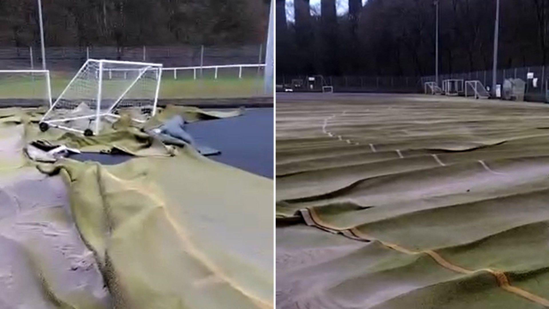 Two side by side images of an artificial pitch with water damage. The green material is bunched up in ripples across the entire pitch. In places it is torn, showing a black surface beneath.