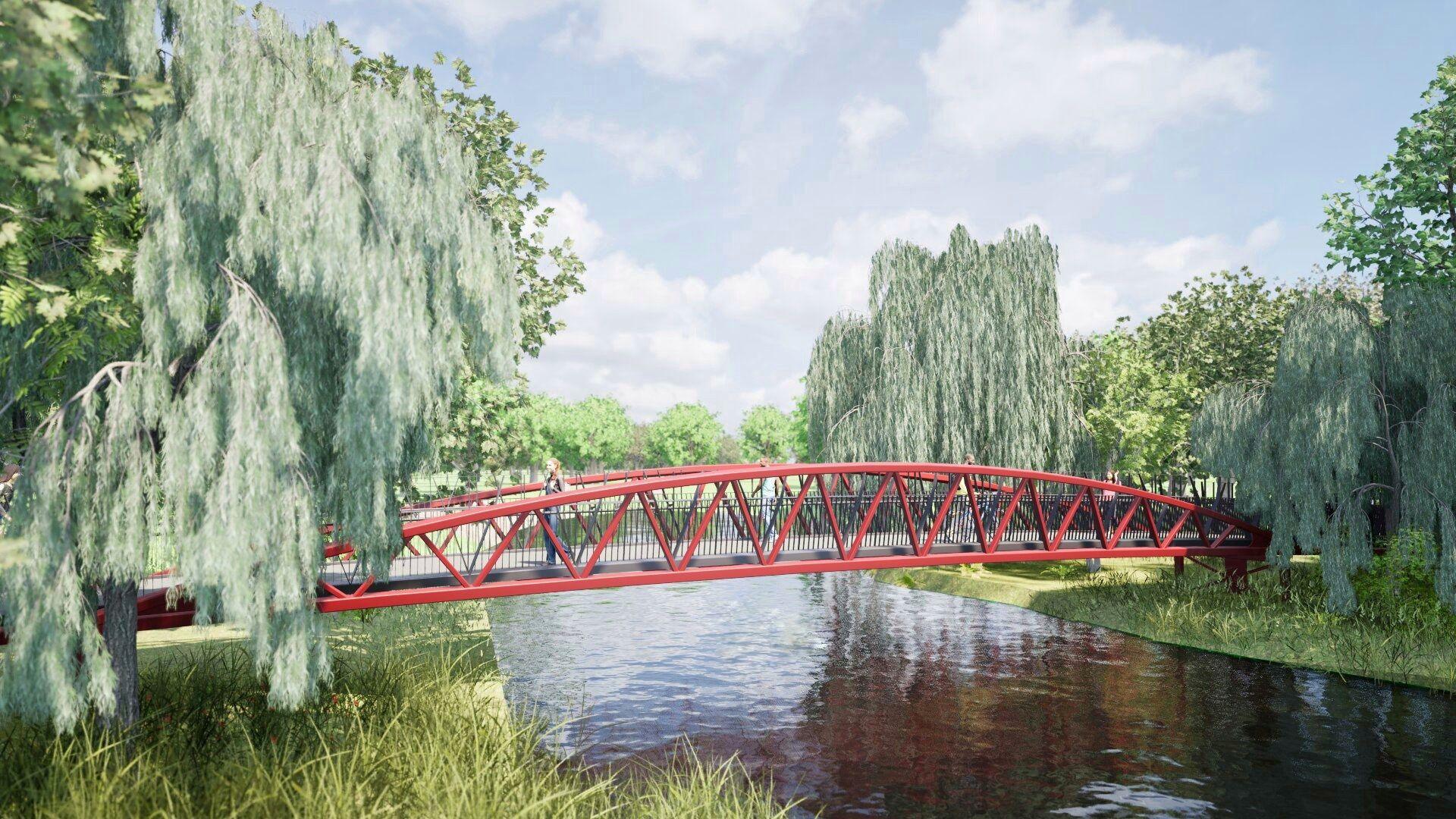 A computer generated image of a red bridge on a sunny day.