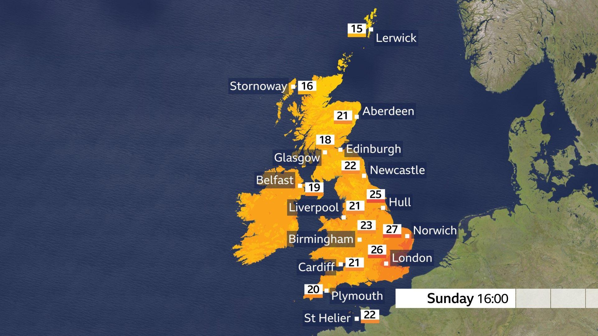 A weather map showing the maximum temperatures on Sunday