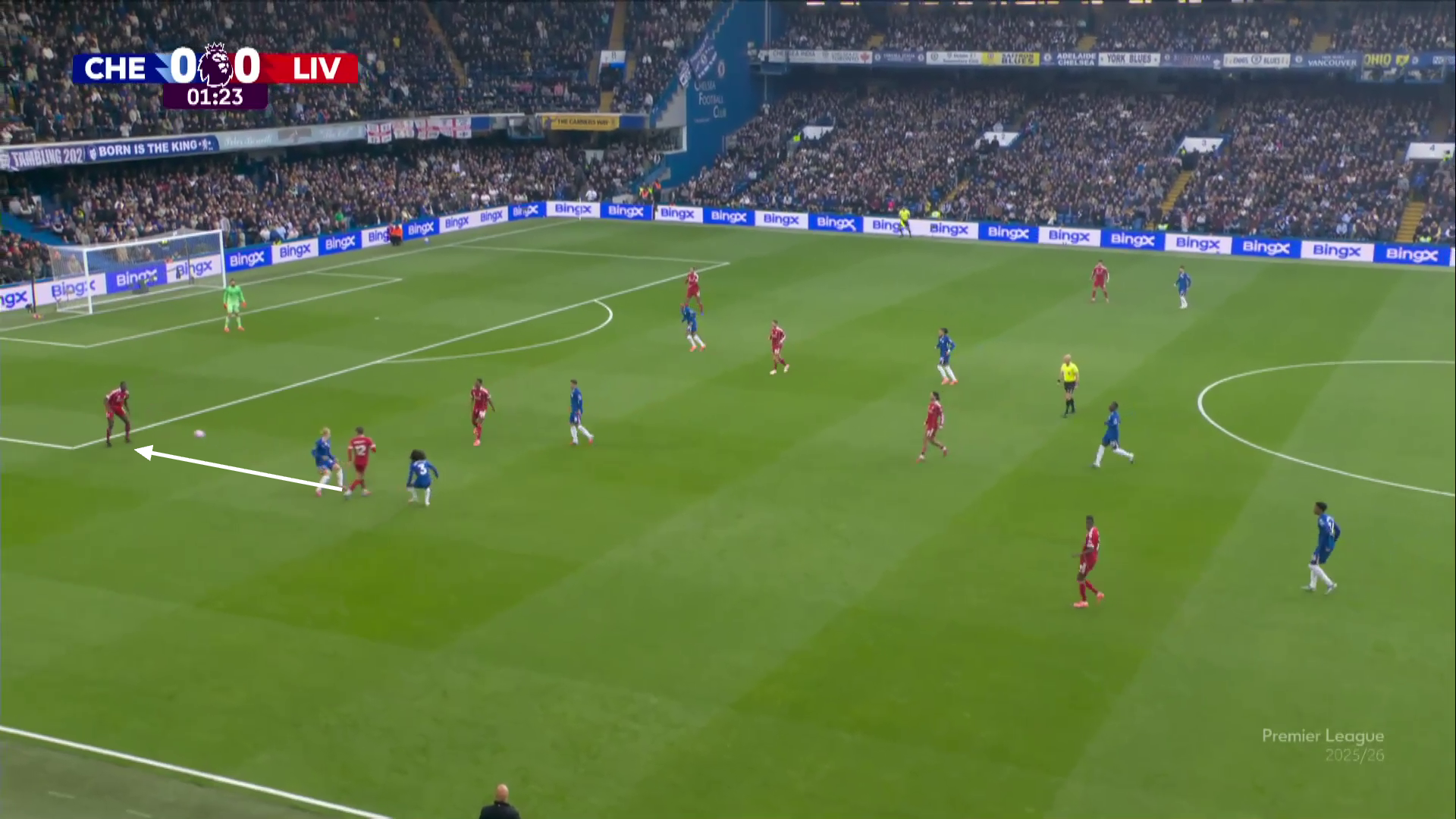 Conor Bradley passes back to Ibrahima Konate in Liverpool's Premier League match against Chelsea at Stamford Bridge