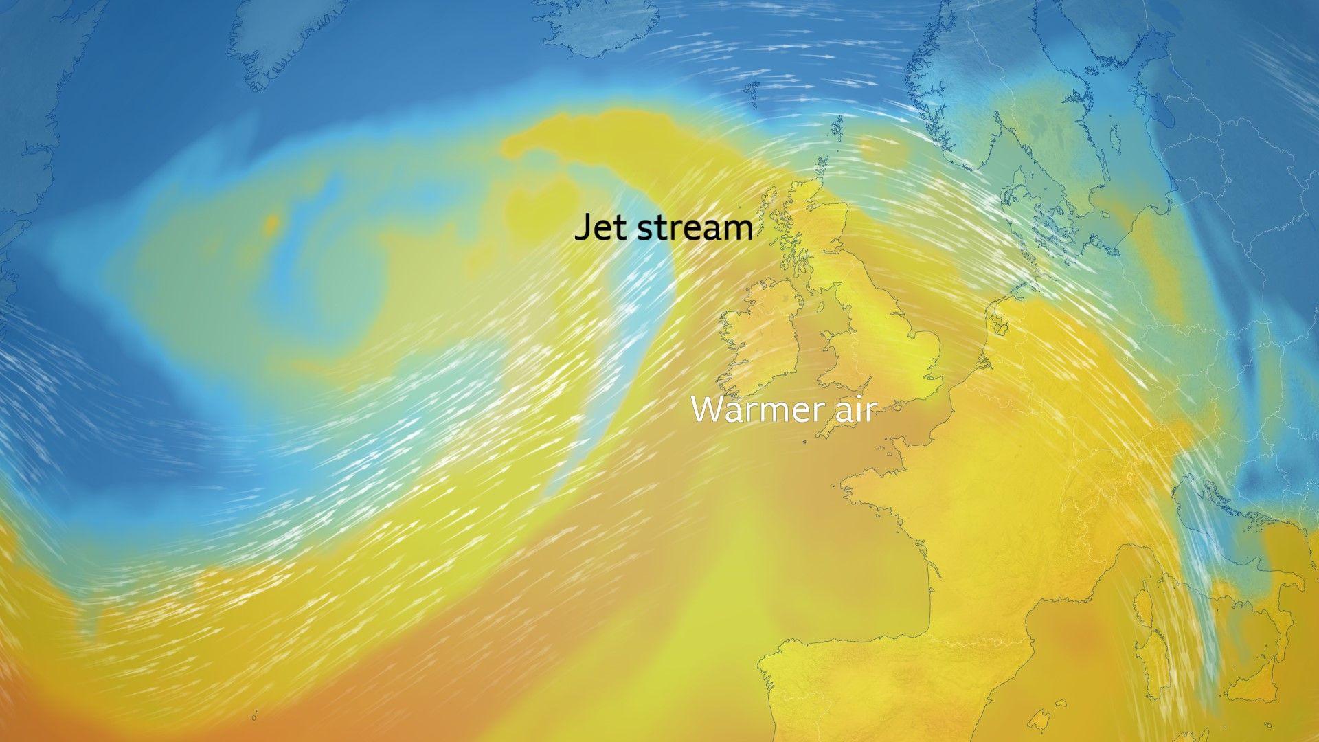 Temperature map showing yellow and orange colours (warmer air) over the UK. Jet stream winds over Northern Ireland and Scotland.