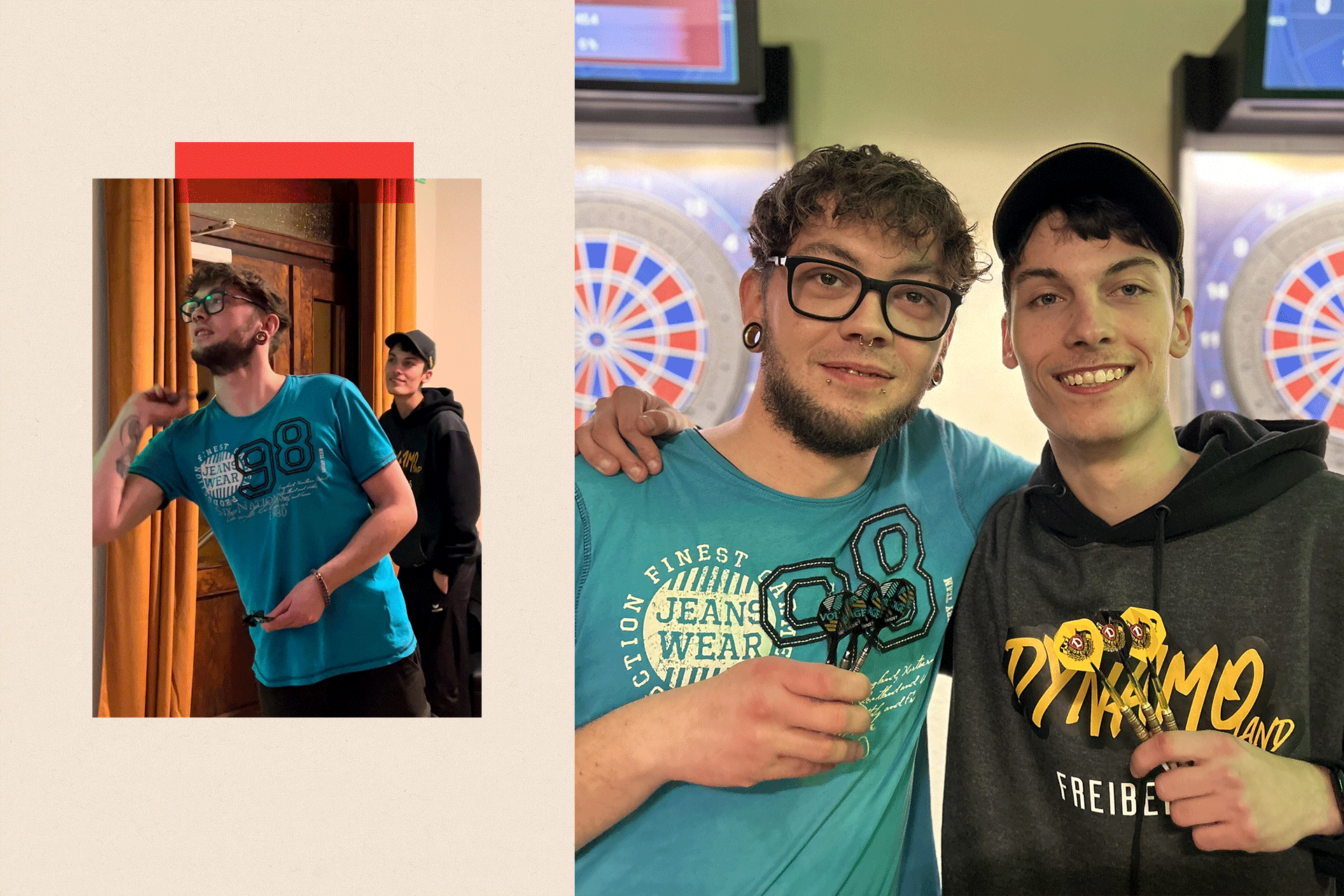 A collage of two images - on the left, a picture of Nick and Dominic playing darts, and on the right, a close up image of them together