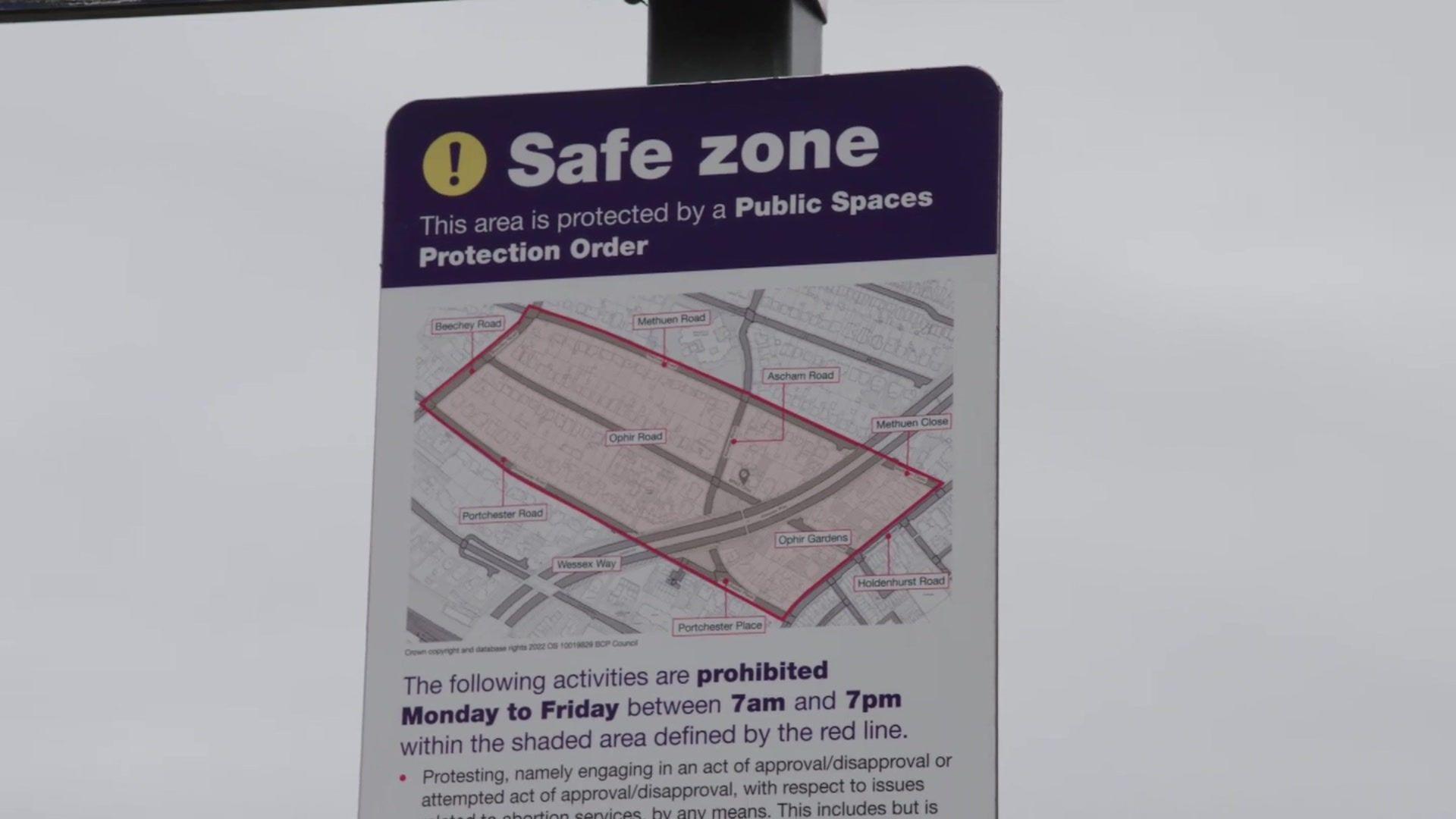 A buffer zone sign explaining what actions are prohibited and where, and during what times. It includes a map of the "safe zone"