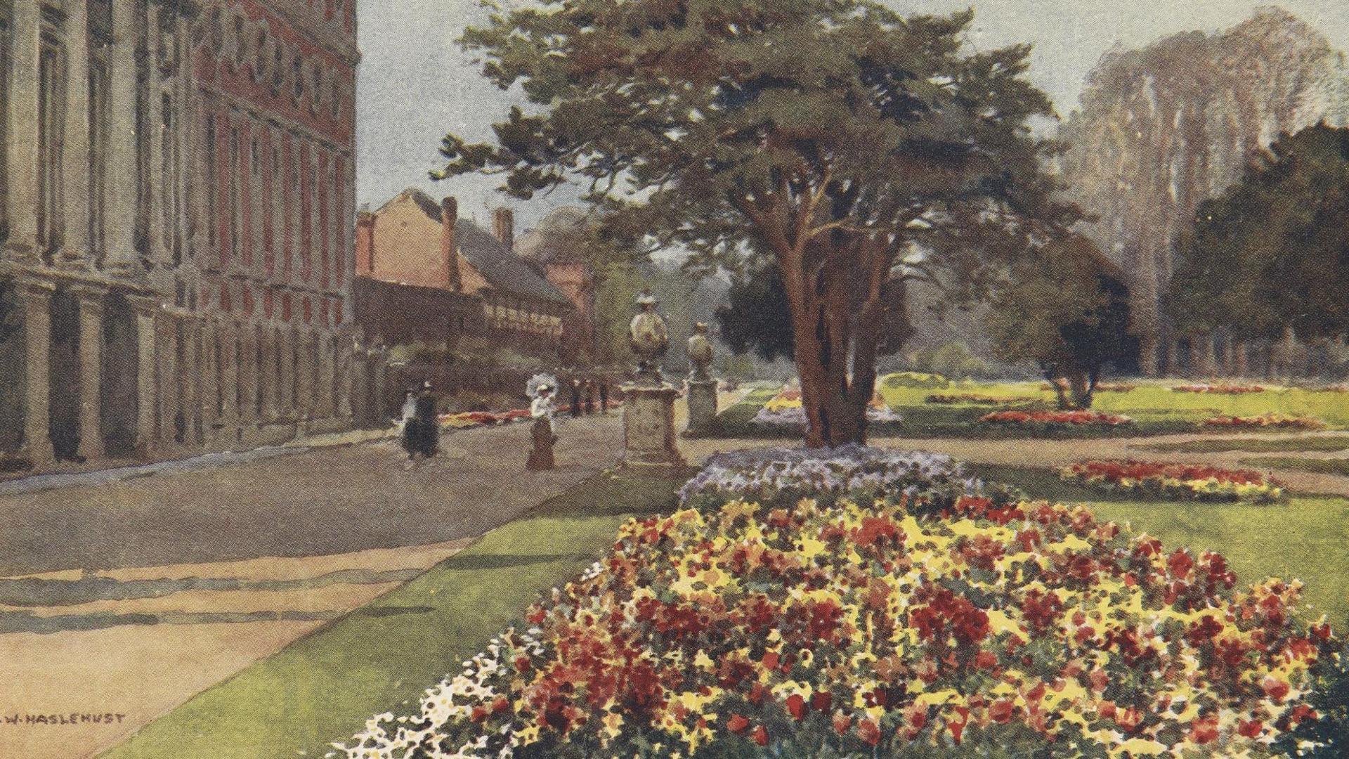 A painting of the gardens at the palace, featuring red and yellow flowers.