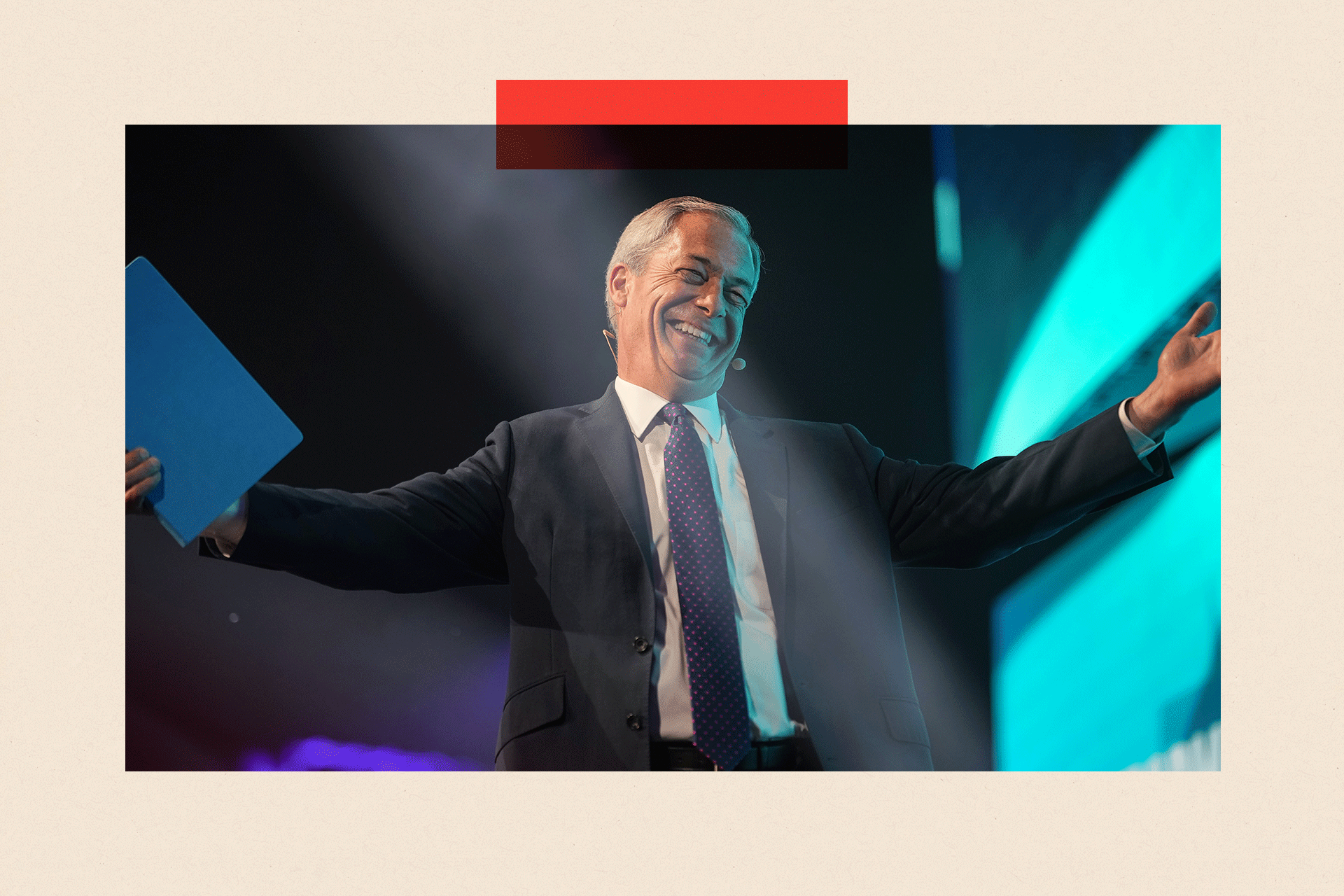 Nigel Farage in a suit, smiling with his arms outstretched 