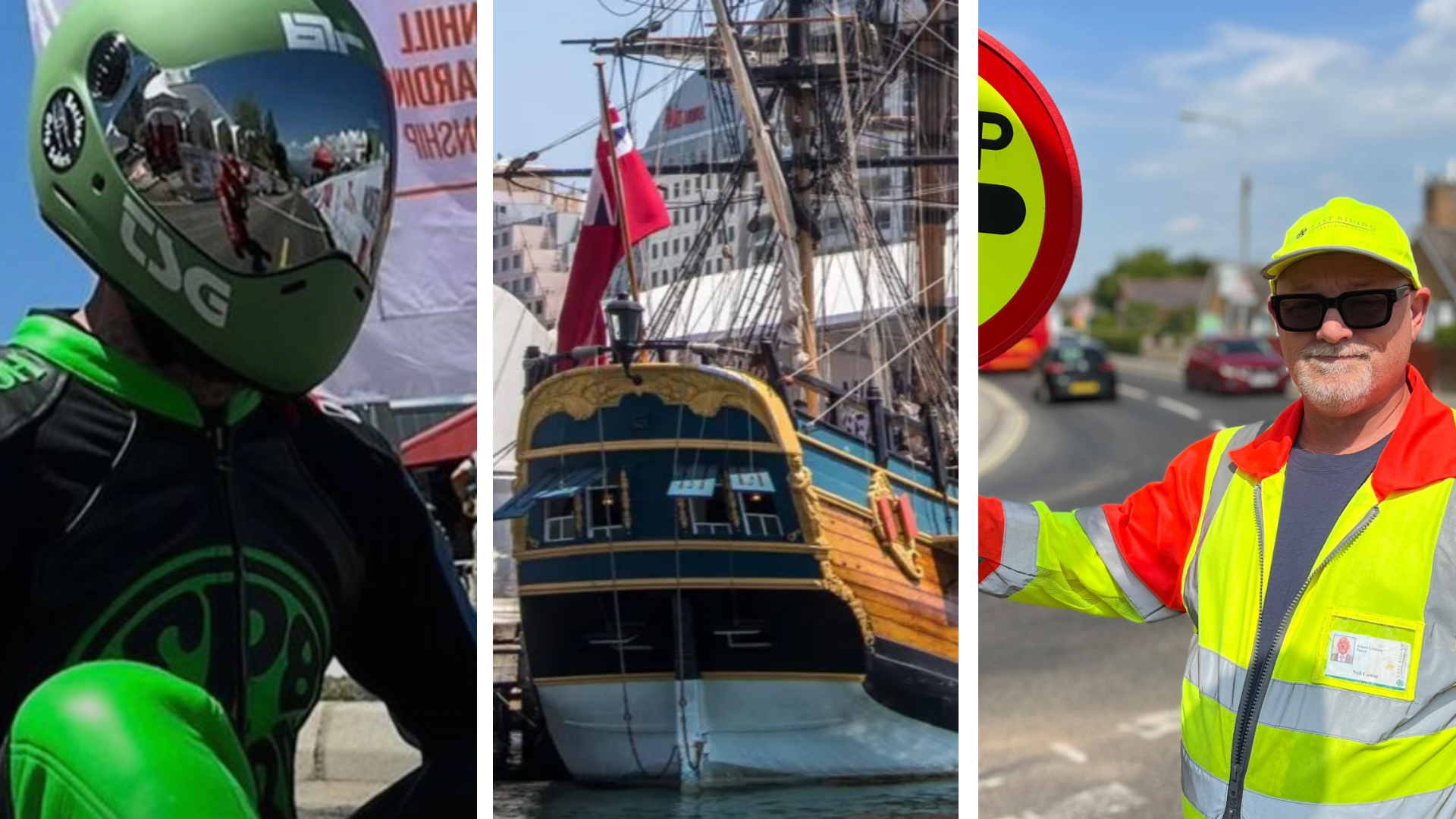 Three composite images. The first of a man in a helmet and green and black leathers; the second of an 18th Century ship and the final one of a lollipop man.