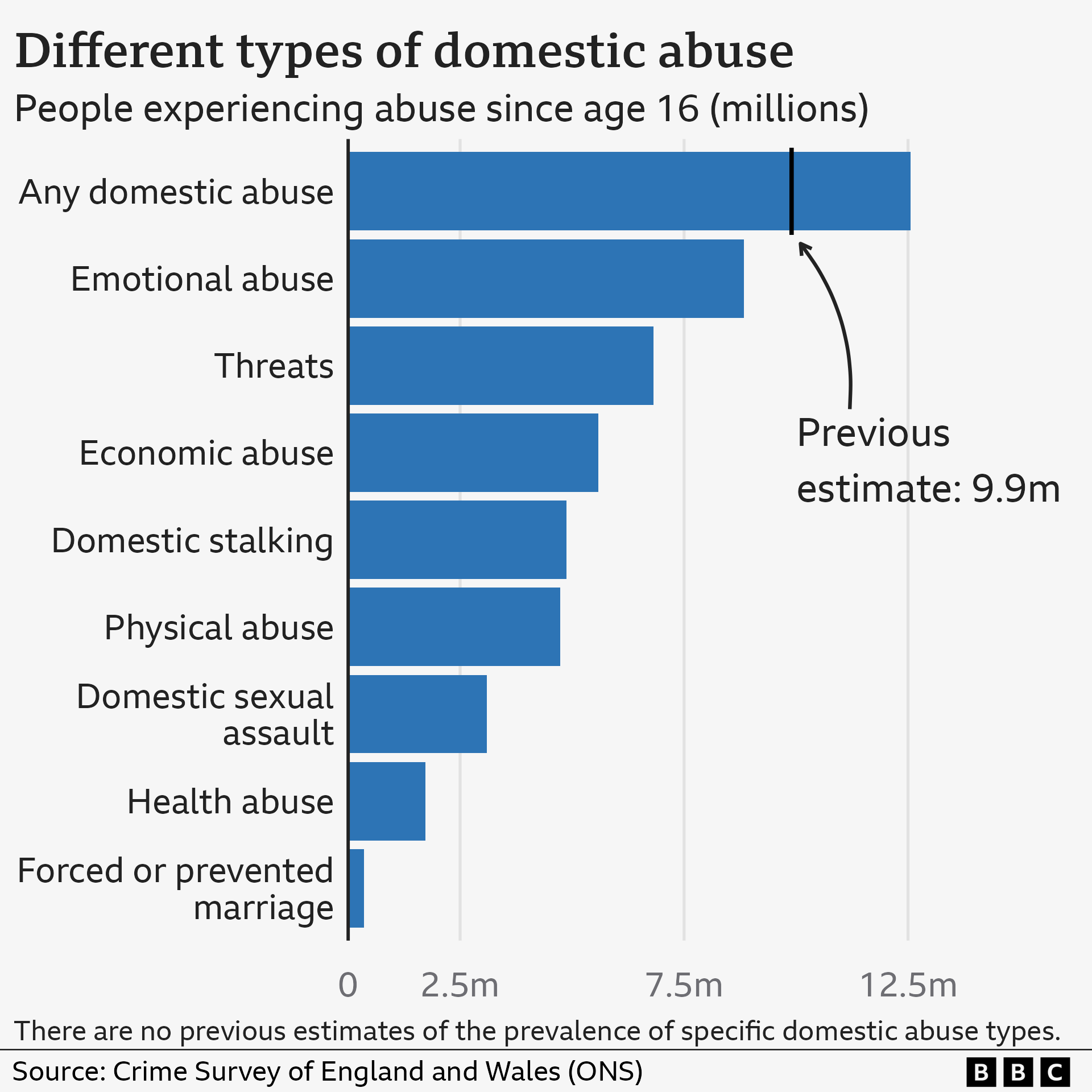 A chart showing the scale of different types of domestic abuse with all types of abuse reaching 12.5m people. The different individual types of abuse, ranking from highest to lowest are; emotional abuse, threats, economic abuse, domestic stalking, physical abuse, domestic sexual assault, health abuse and forced or prevented marriage.