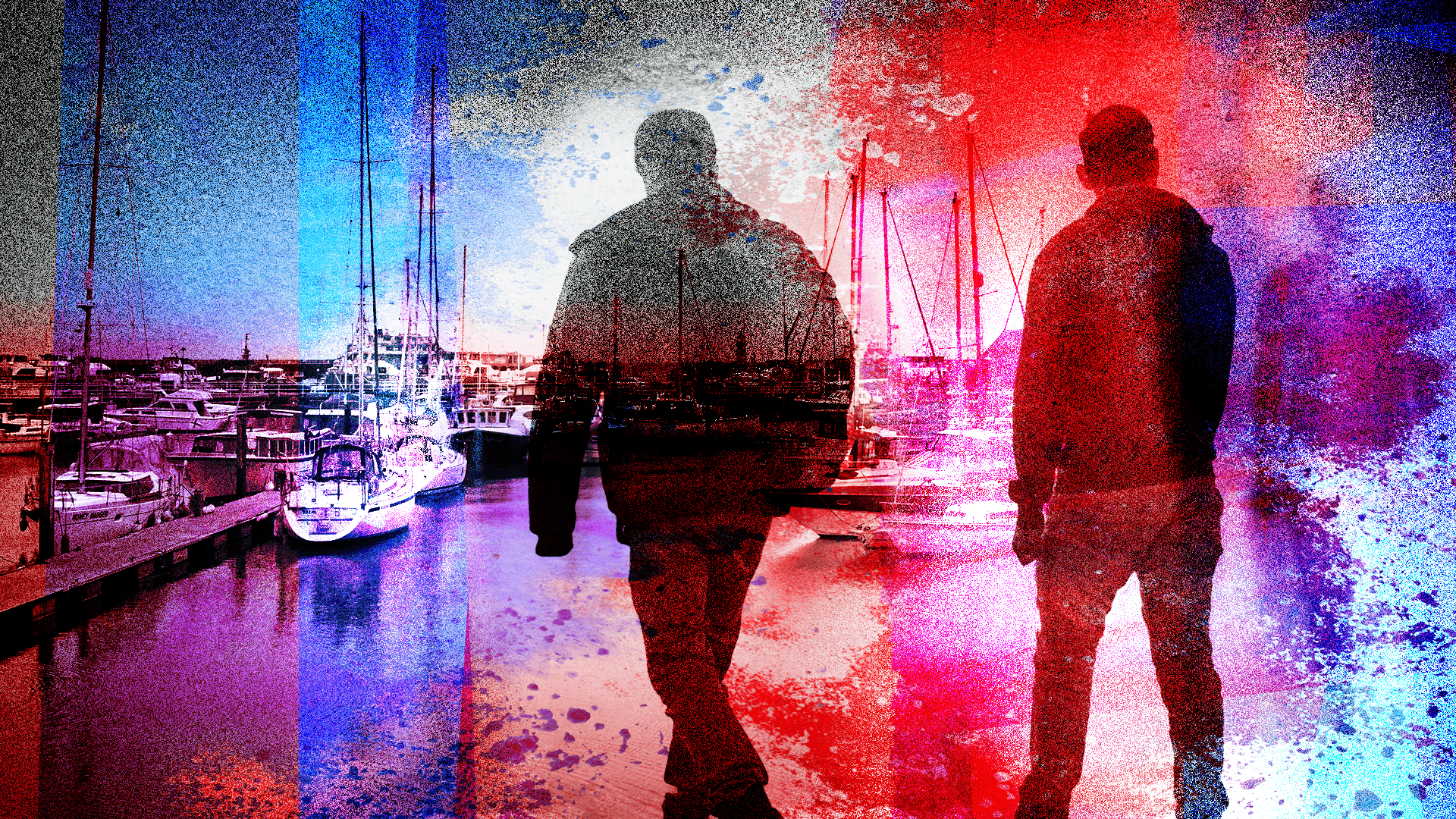 Two walking men in silhouette are superimposed over a vibrant marina scene.