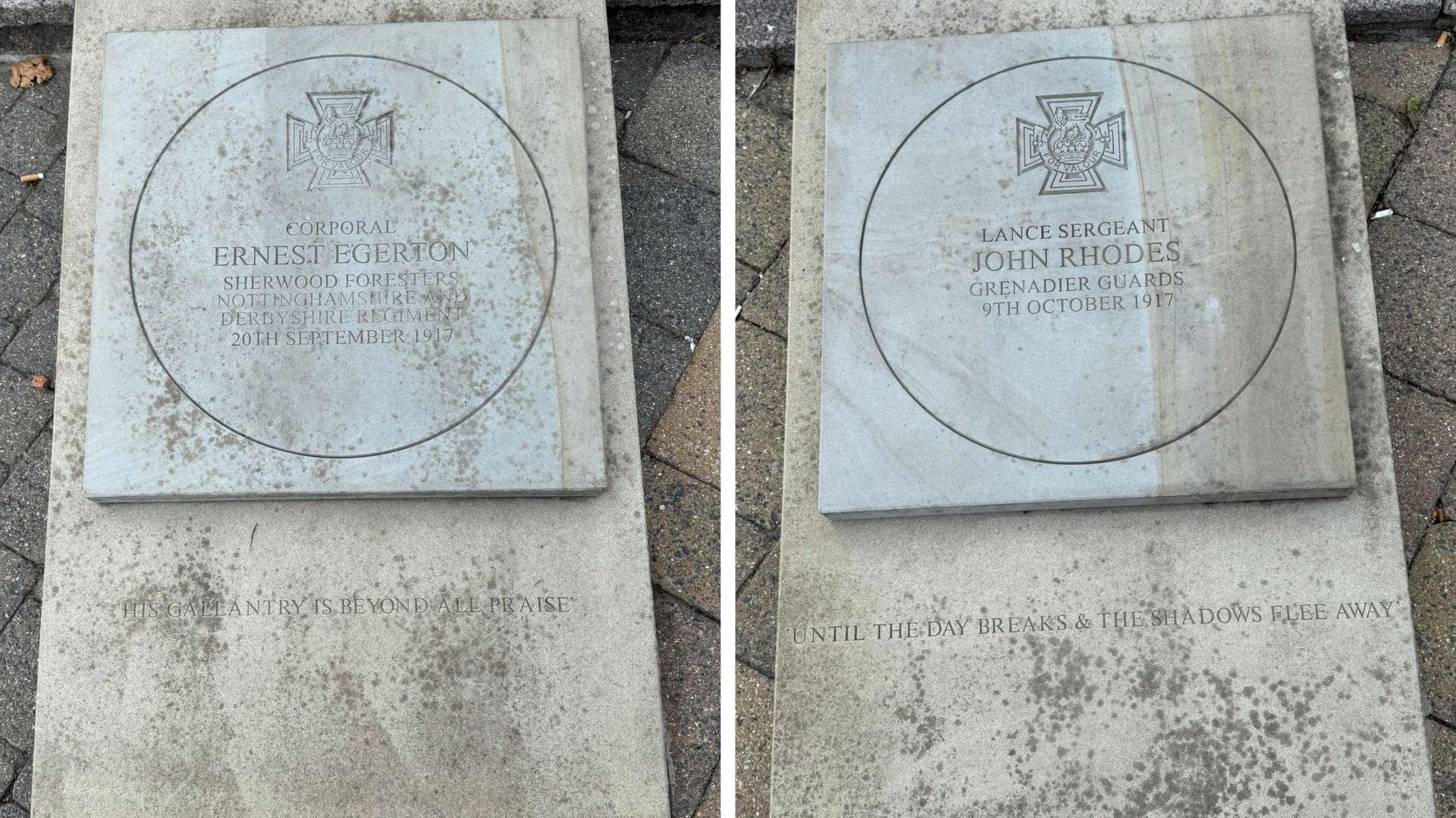 Two memorials, carved in stone, honouring soldiers who have been awarded the Victoria Cross. They read Corporal Ernest Egerton and Lance Sergeant John Rhodes, with details of each beneath.