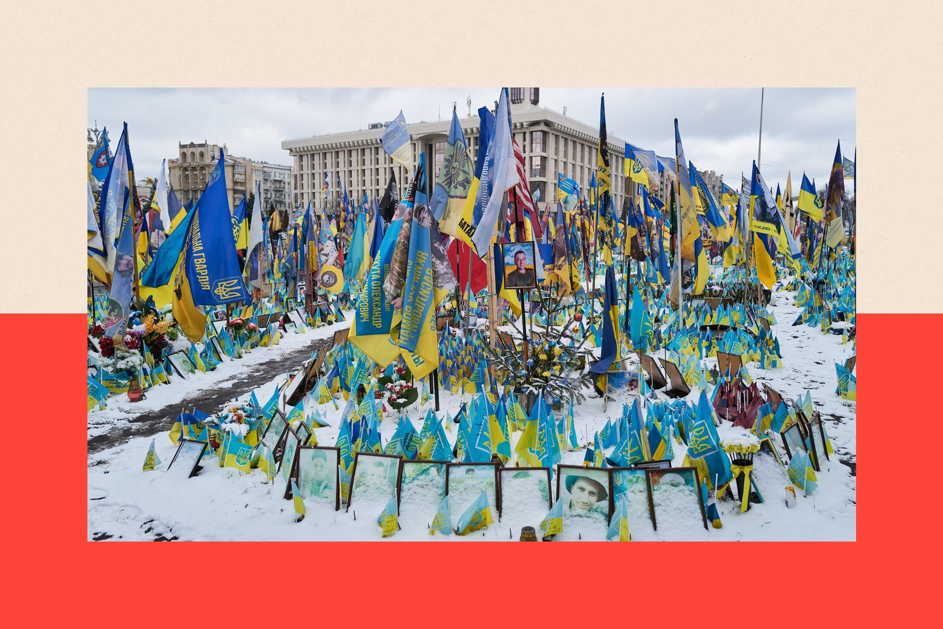 The memorial at Maidan Square honoring Ukrainian and foreign soldiers is covered in fresh snow