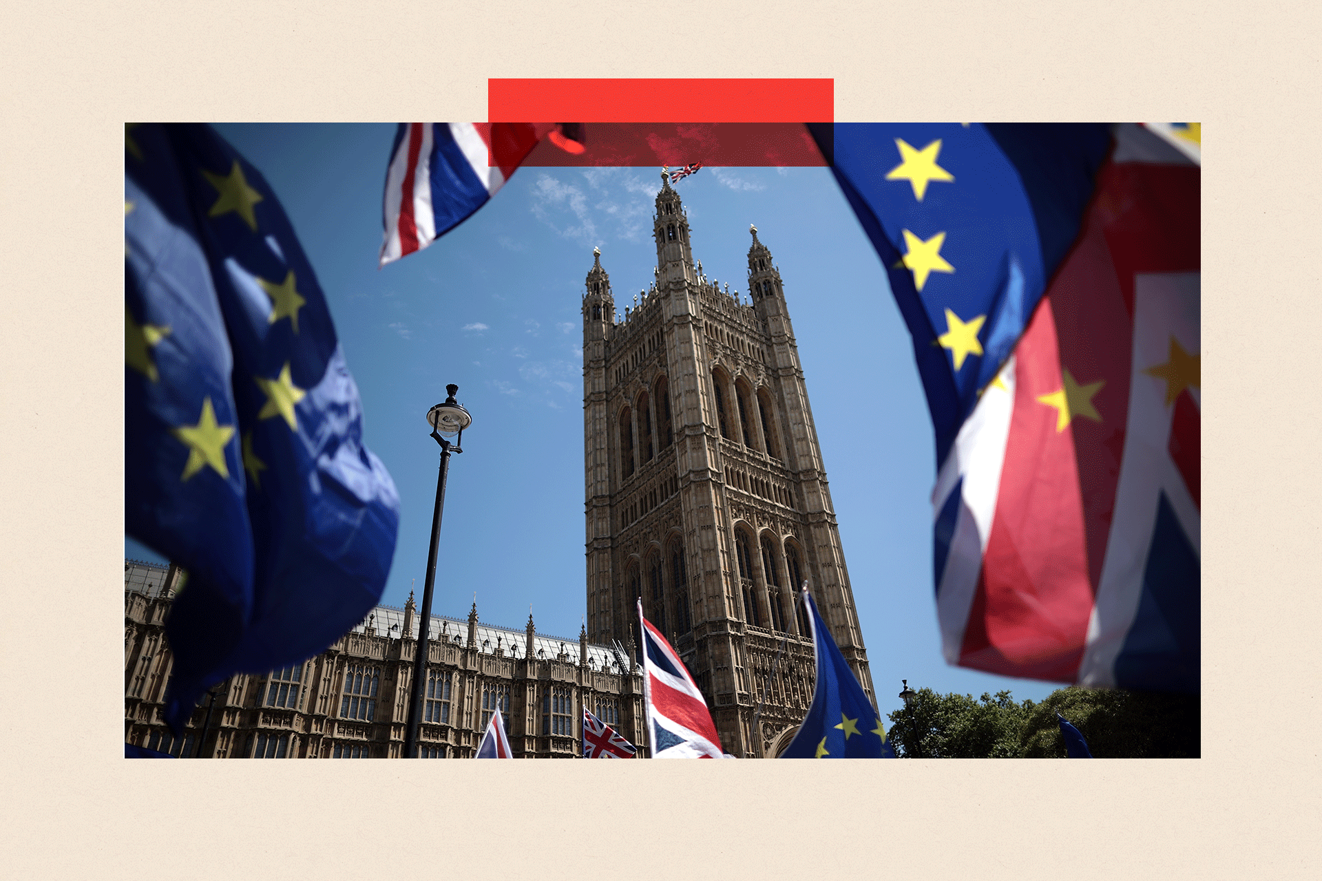 EU flags and the Union Jack fly over Westminster