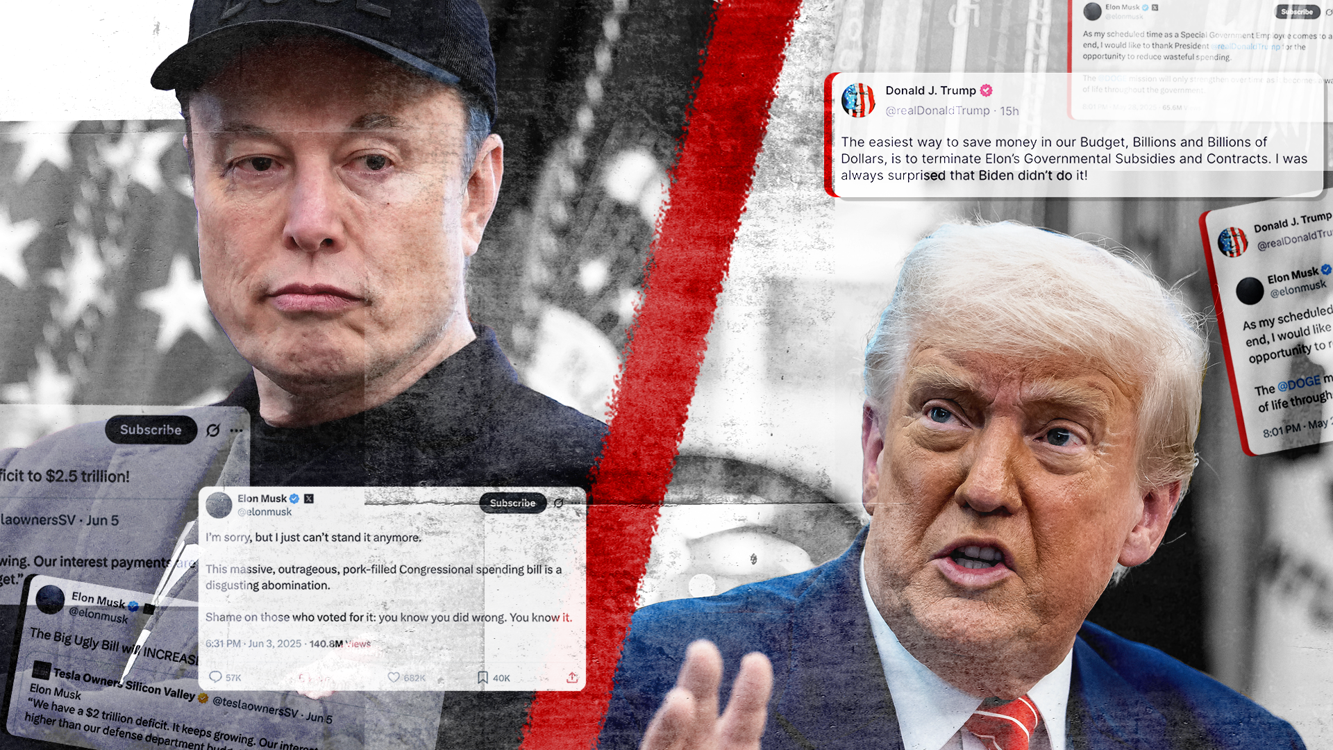 Images of Elon Musk and Donal Trump split by a red line after their social media spat