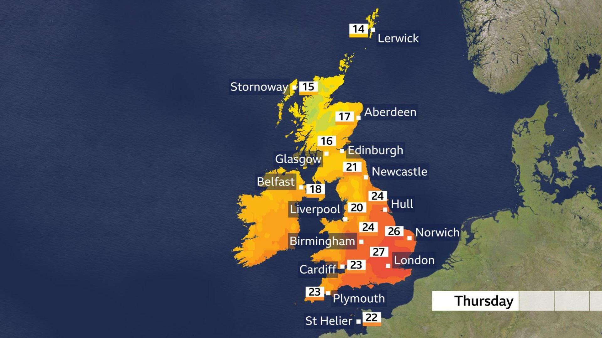 A temperature map showing the max temperatures for Thursday ranging from 14C in the north of the UK to 27C near London