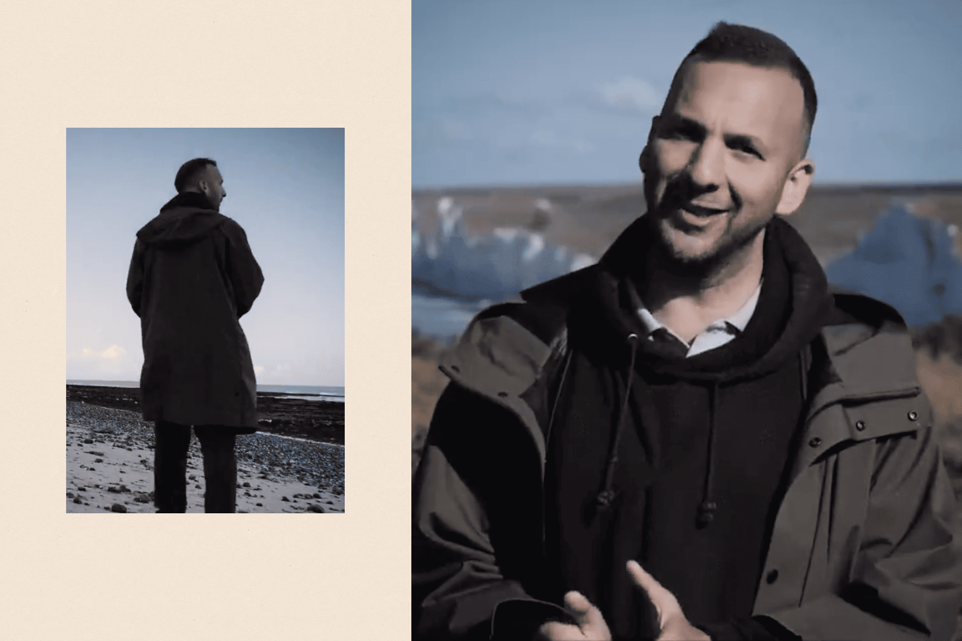 Two images from Zack Polanski's campaign video, including of him standing on a beach