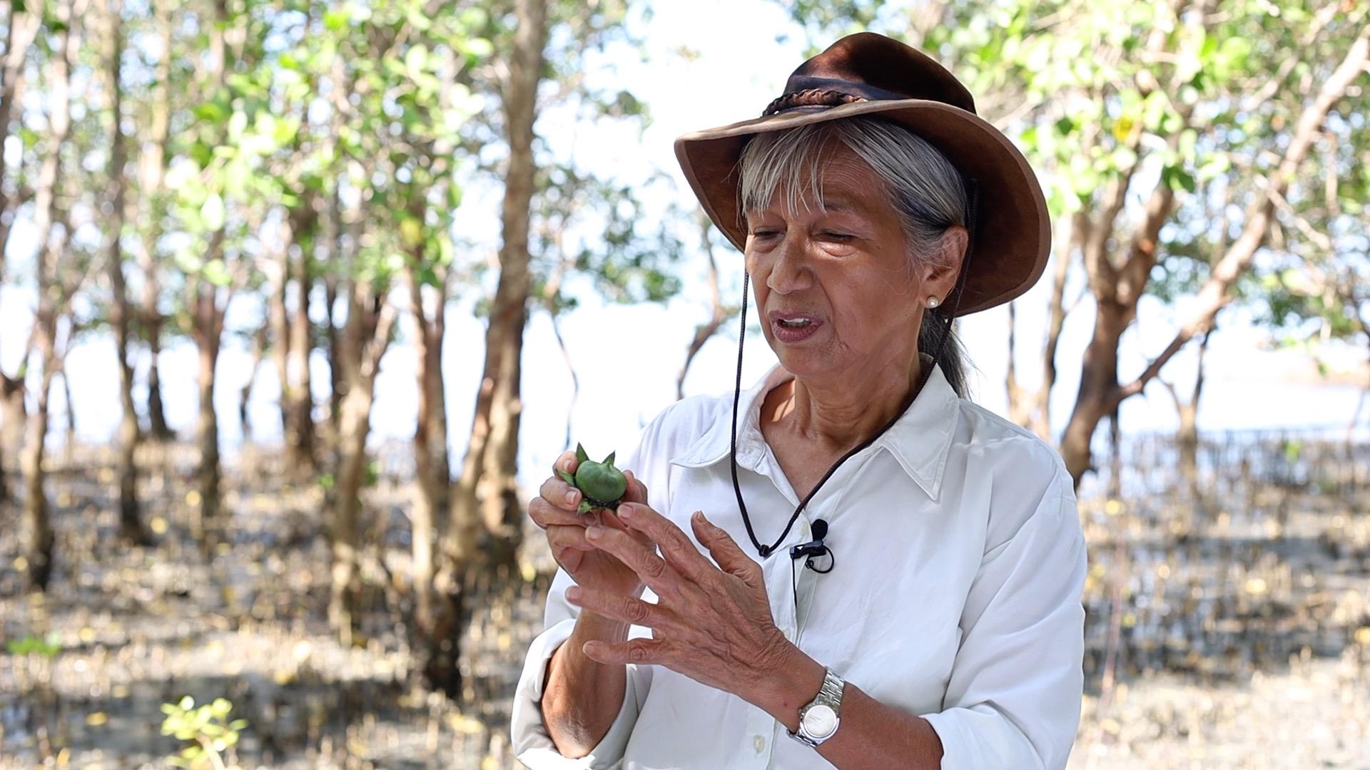 Dr Jurgenne Primavera with the fruit of a baghpat mangrove