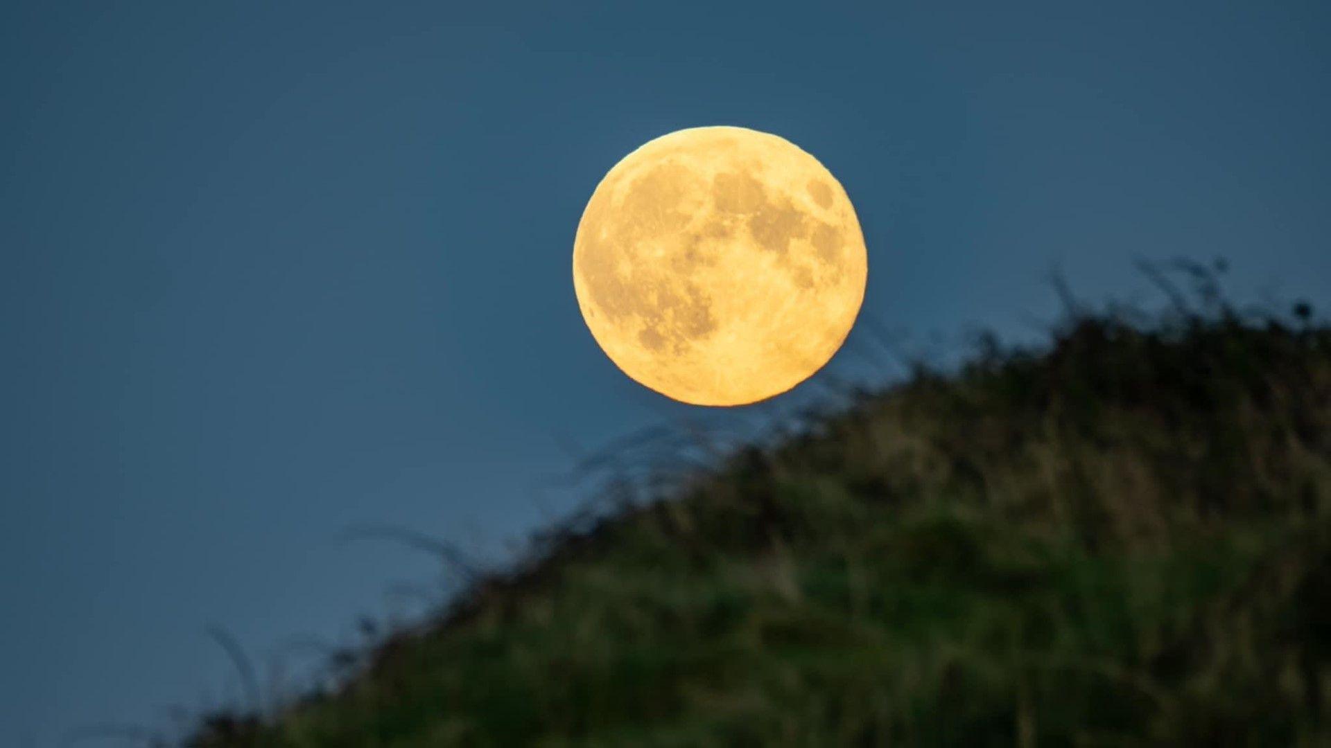 An orange coloured Moon appears above a grassy hill