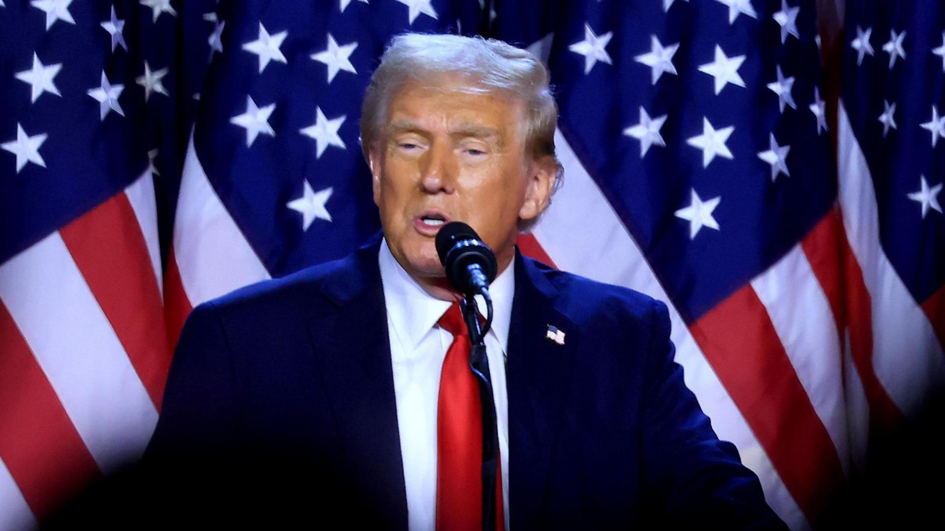 Donald Trump addresses supporters at the Election Night watch party in the West Palm Beach Convention Center in West Palm Beach, Florida