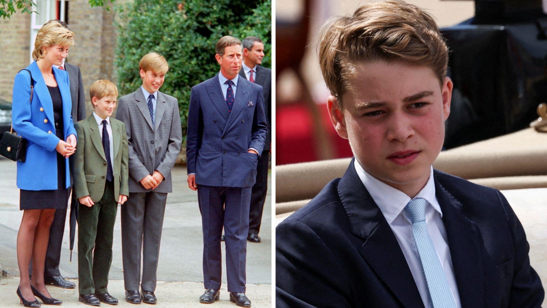 Split-screen showing Diana, Prince Harry, Prince William and King Charles at Eton, on the left a picture of Prince George